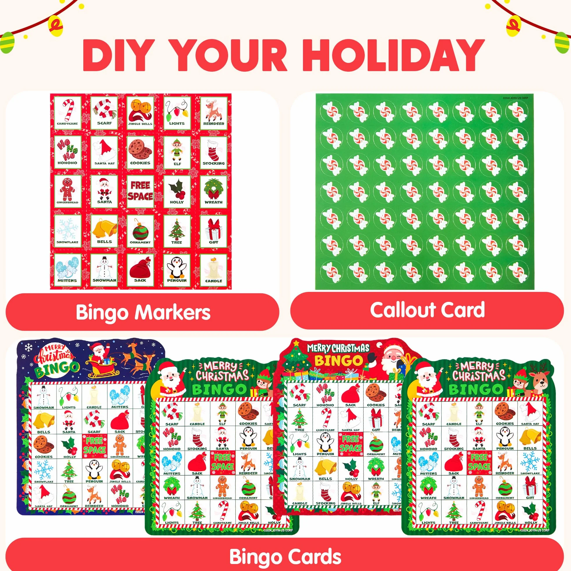 JOYIN Juego de cartas de bingo de Navidad para 30 jugadores, 3 colores