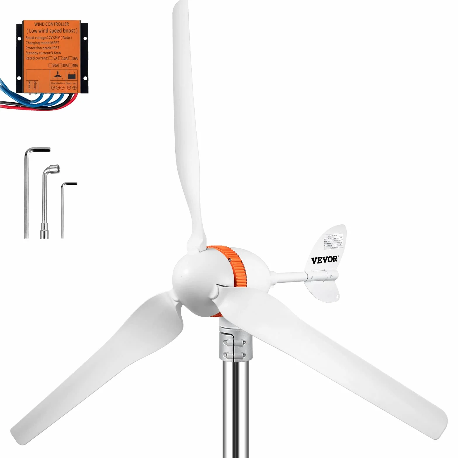 VEVOR Generador de Turbina Eólica 12 V 400 W Aerogenerador Horizontal 3 Cuchillas Velocidad Nominal 13 m/s Kit de Turbina Eólica Resistente y Durable con Controlador de Carga, Chalets, Blanco