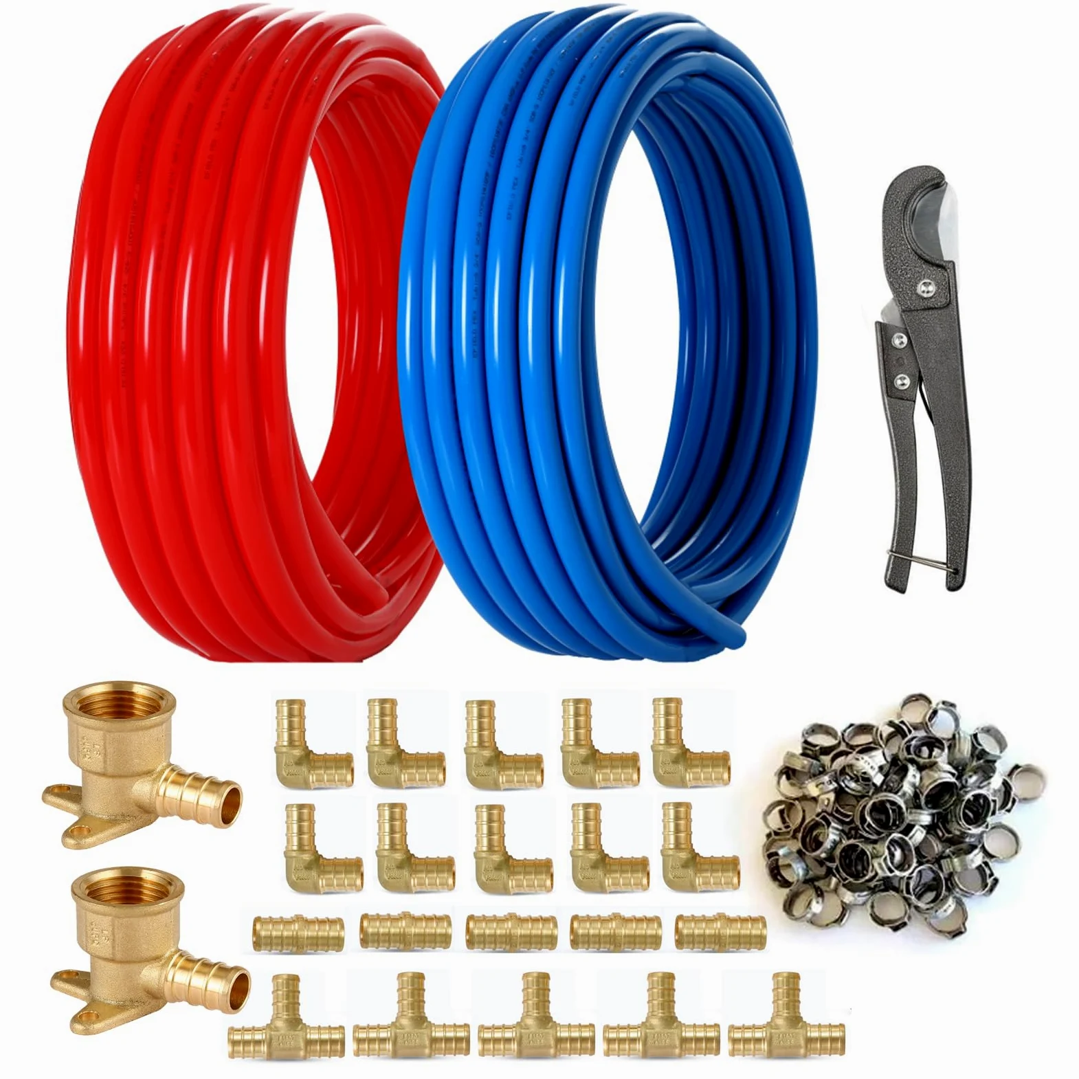Kit de herramientas PEX-B de 1/2 pulgada, azul y rojo cada tubo PEX de 100 pies con 62 accesorios PEX: 40 abrazaderas de acero inoxidable Pex, 2 codos de oreja caída, 10 codos, 5 piezas en T, 5