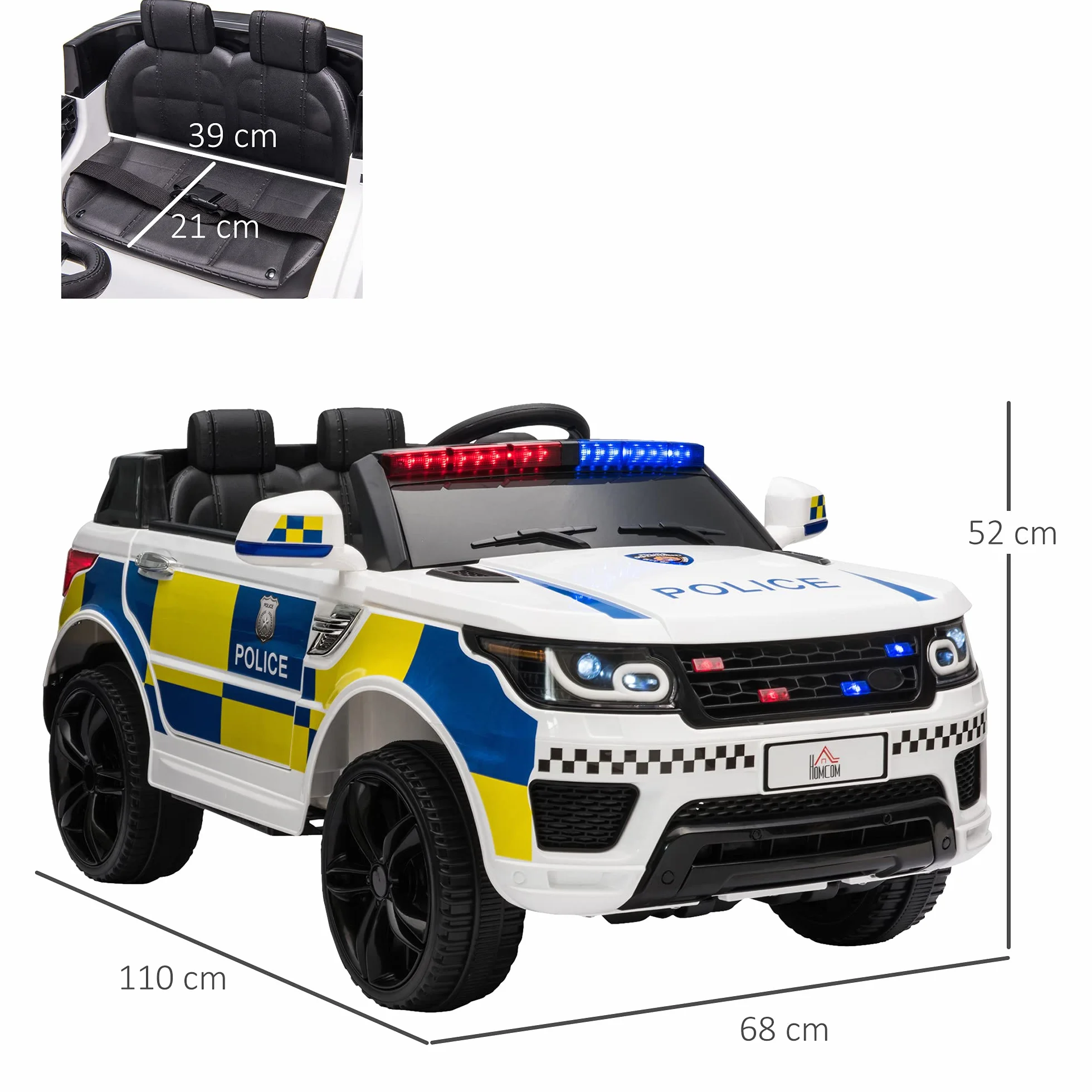 HOMCOM Coche Eléctrico Infantil de Policía 12V con Suspensión Muelle Mando a Distancia Bluetooth USB Sirena Blanco