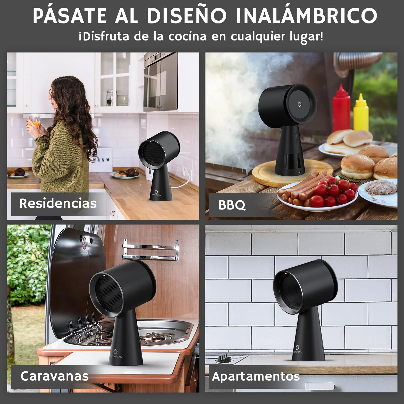 Campana extractora portátil recargable Airthereal RH180B negro 3 velocidades gran depósito recogeaceite