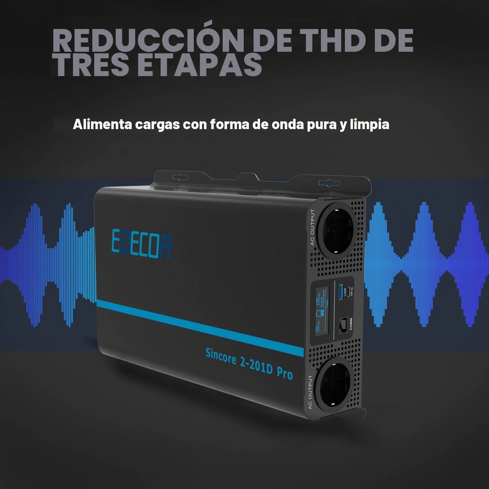 EDECOA Inversor 12v 220v Onda Pura 2000w con Mando a Distancia, LCD, USB Type-C, Ventiladores silenciosos, Compatible con baterías Gel, Agm, Litio para caravanas, Barco, Coche, Paneles solares