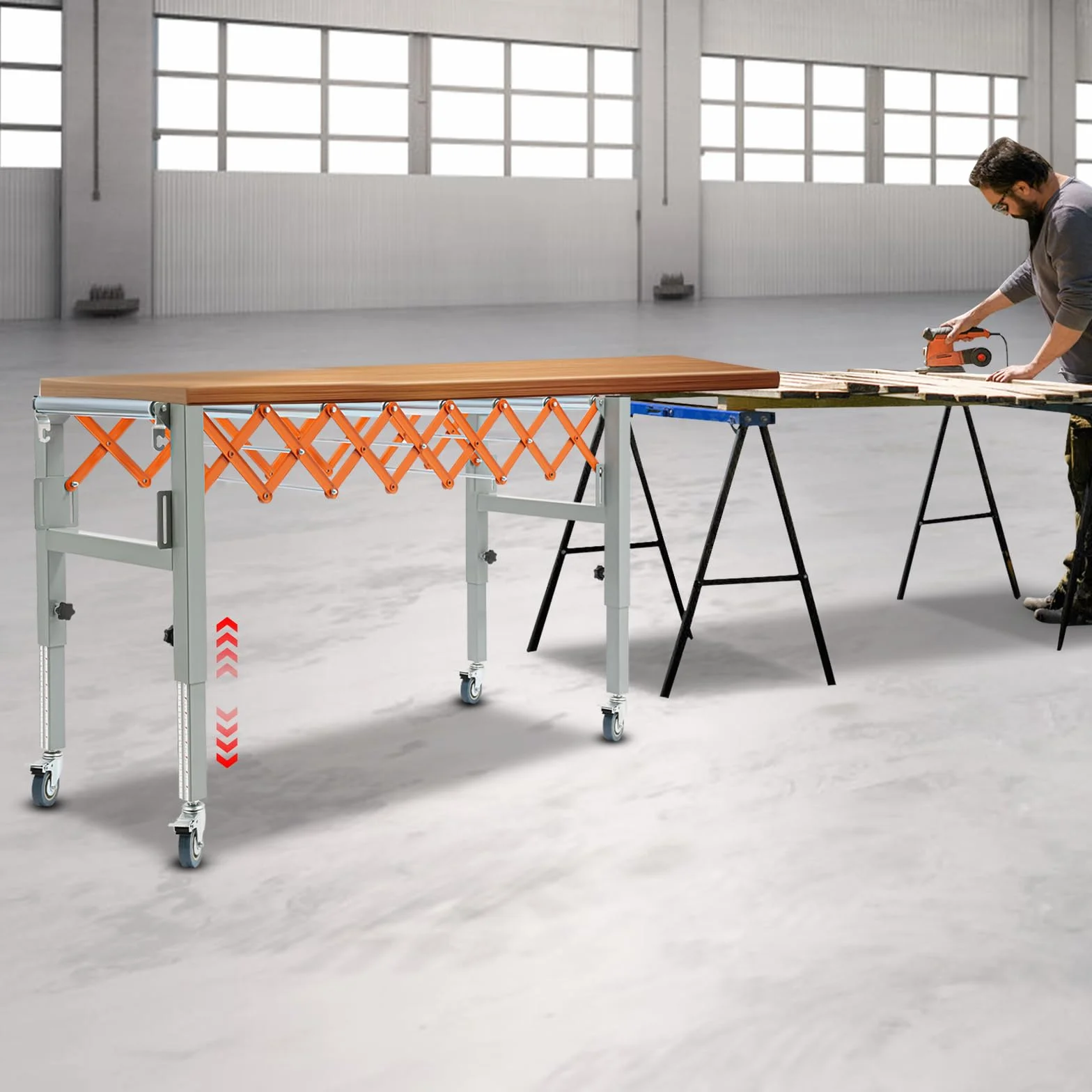 Mesa de ruedas extensible, altura ajustable, longitud de transporte 46-130 cm, transportador