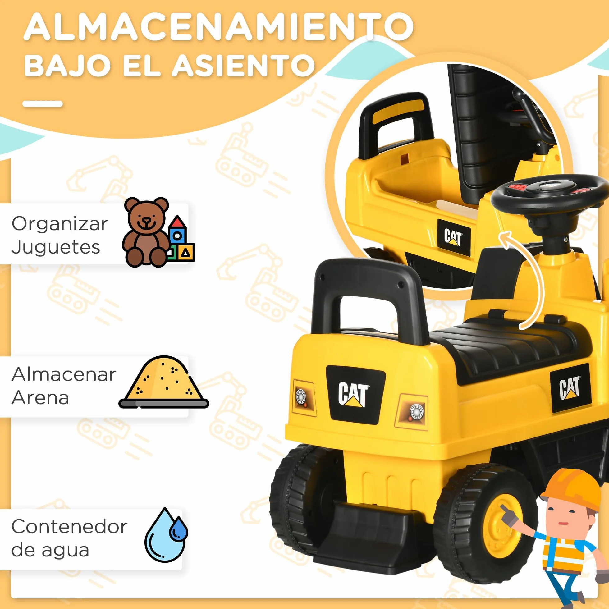 Caterpillar HOMCOM Excavadora Correpasillos para Niños 12-36 Meses 25 kg 85x27,5x47,5 cm Amarillo