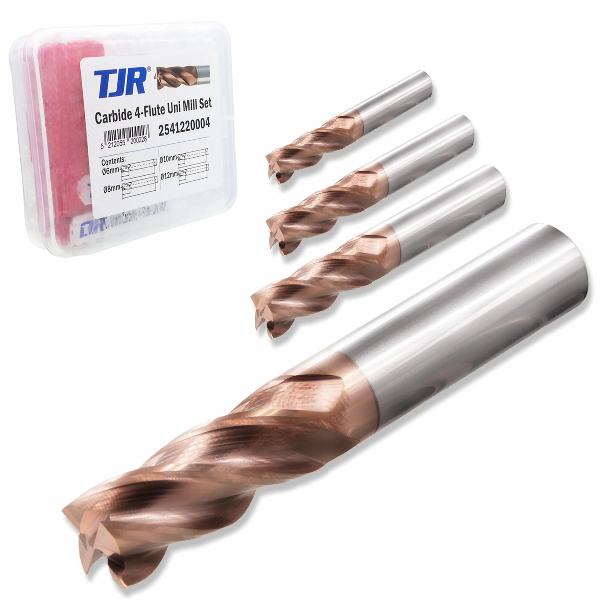 TJR Juego de 4 cortadores de carburo de tungsteno Uni Mill (6/8/10/12 mm) – Fresa de carburo de micrograno con revestimiento TiAlN para acero, acero inoxidable, hierro fundido, fresado CNC, corte de