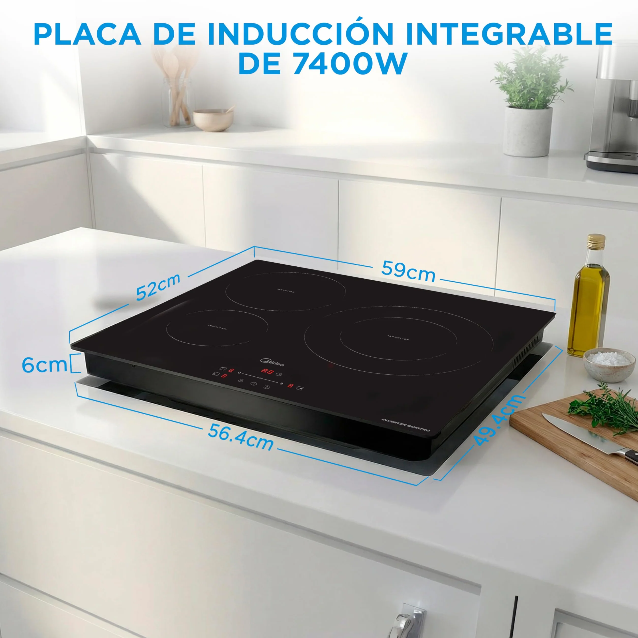 MIDEA Placa Inducción 3 Fuegos 60 cm 7400 W Vitrocerámica Integrada Panel Táctil Inverter Quattro Booster Temporizador
