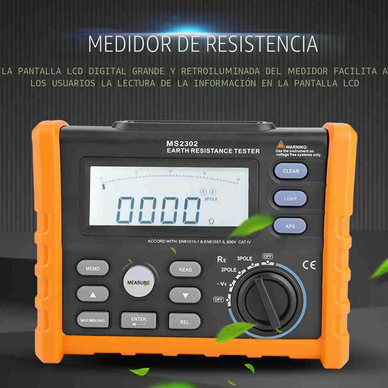 PEAKMETER MS2302 Probador digital de resistencia de tierra Medidor de resistencia Megger 0~4K ohm 100 Grupos Registro de datos