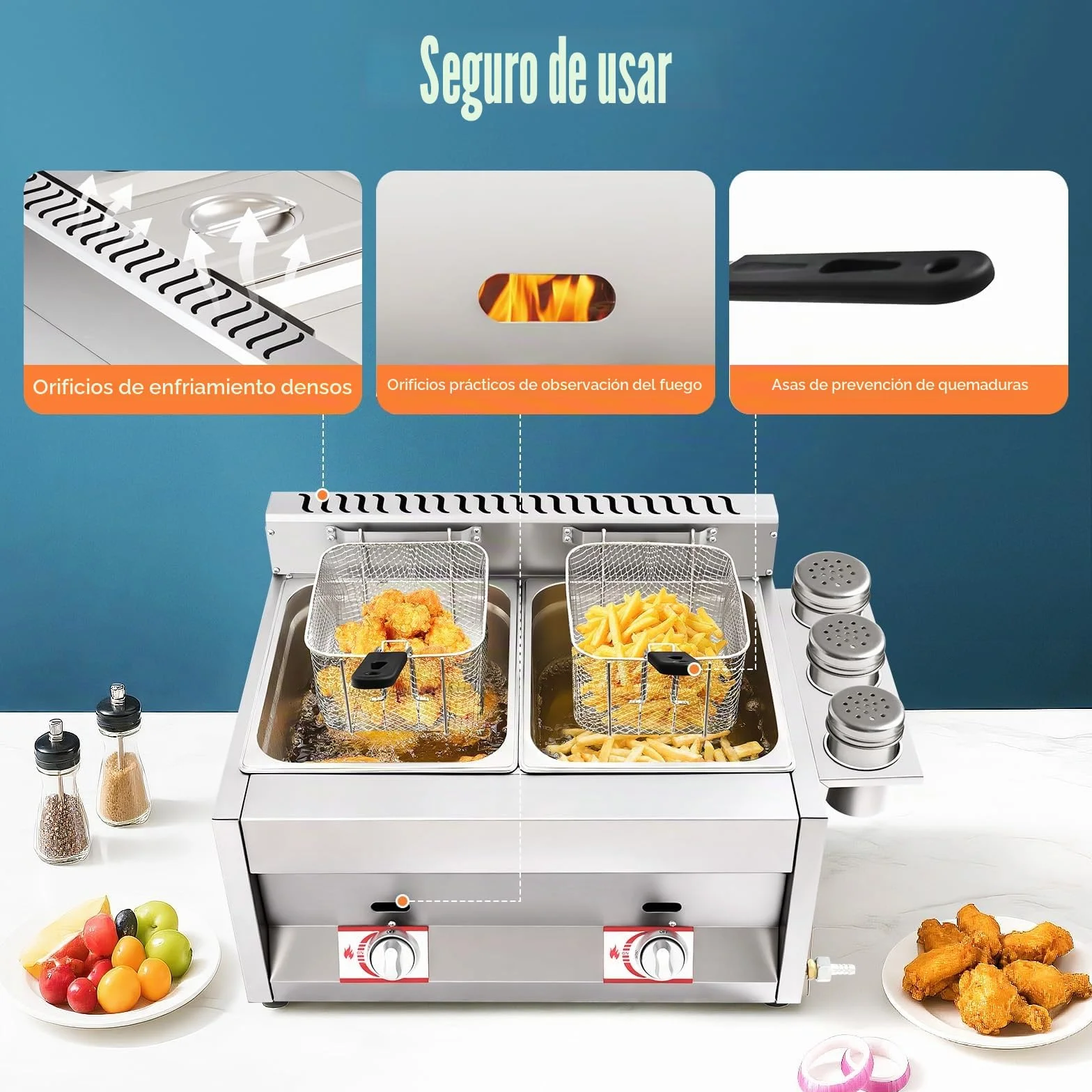 Freidora de gas doble con 2 cestas, freidora de propano de acero inoxidable, rango de temperatura 50-380 °C, freidora de gas con 3 contenedores para especias para familias, restaurantes, bocadillos