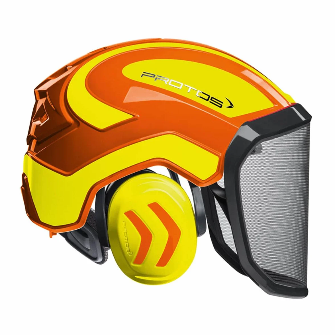 Protos Casco de seguridad integral forest protección auditiva, equipamiento: visera fina, color: naranja/amarillo