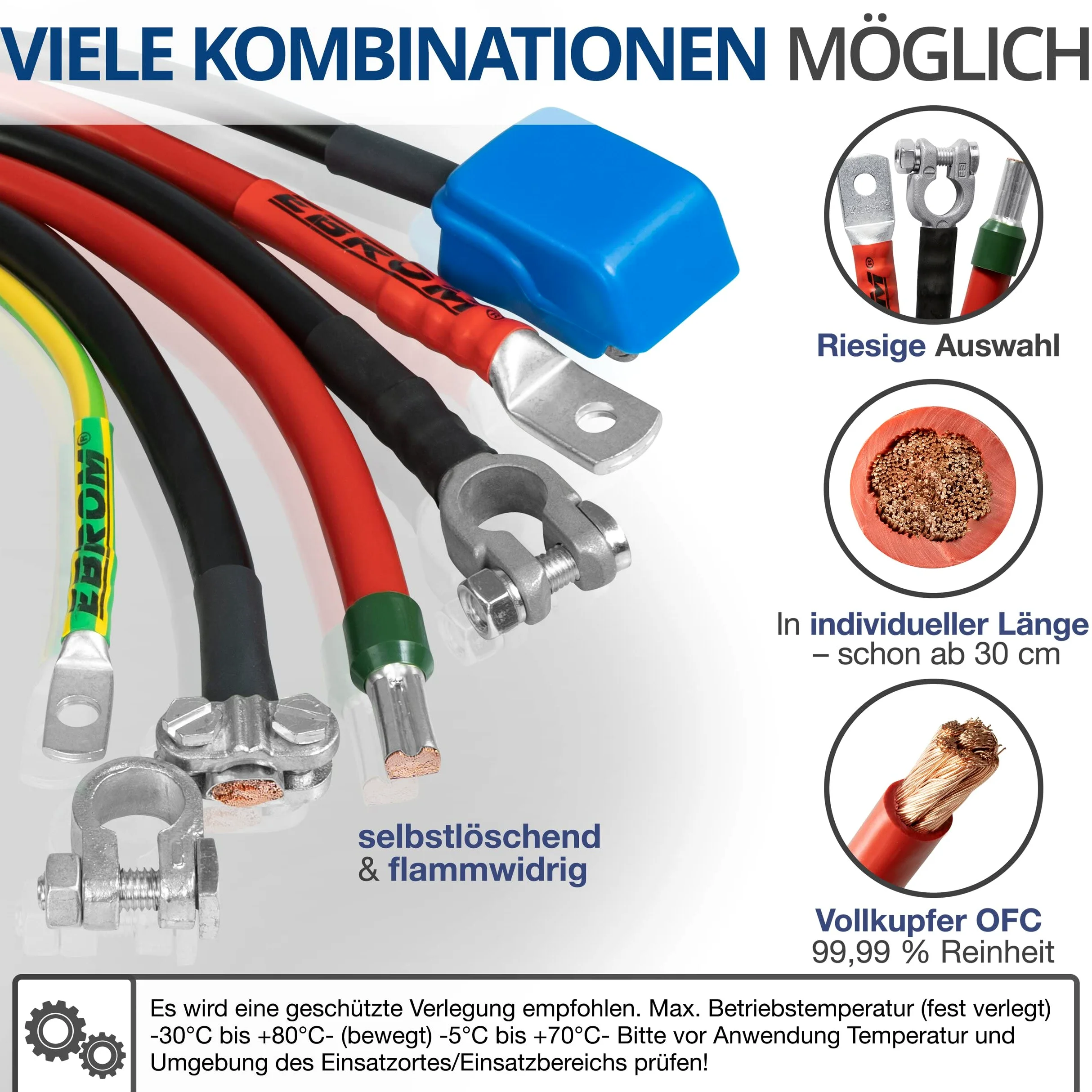 EBROM Cable de batería para coche, 25 mm2, negro, listo para confeccionar, tubo termorretráctil a partir, muchas longitudes disponibles + ojales/terminales de cable M6/M8/M10/M12