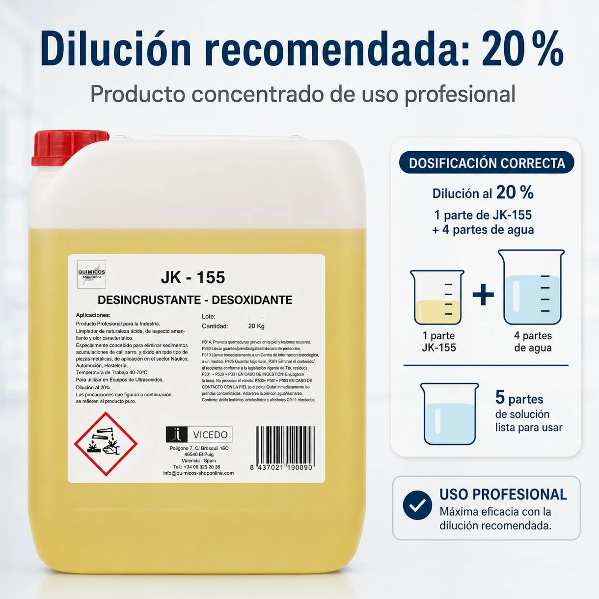 JK-155 Desoxidante Desincrustante Concentrado 5 kg para Ultrasonidos, Inmersión y Limpieza Técnica, Elimina Cal, Óxido y Depósitos Calcáreos en Superficies Metálicas