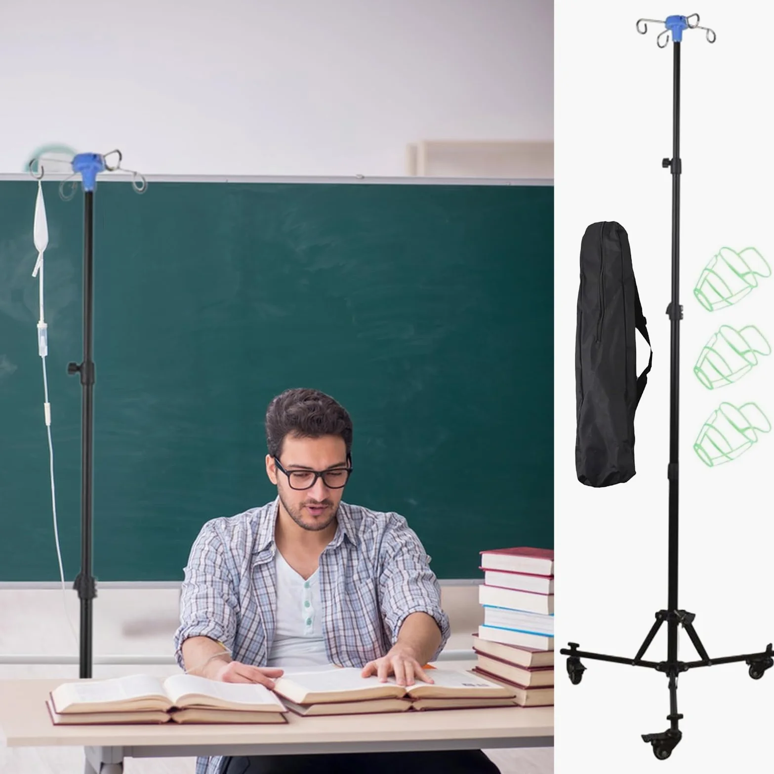 Soporte intravenoso con ruedas Plegable | Soporte de ajustable con gancho para botella Estable Portátil Altura Ajustable para Ancianos Cuidado Diario en Cama Hogar