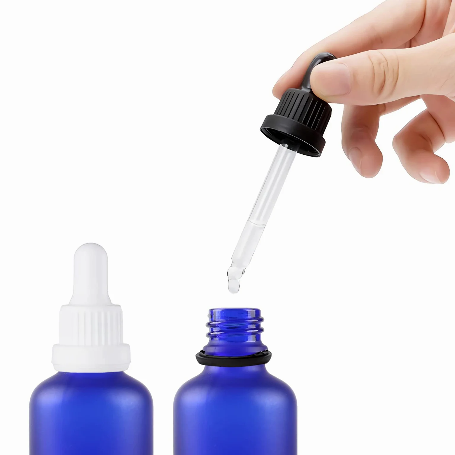 24 Pieza, 50ml Mate Azul Botellas de Cristal con Pipeta, Frasco Cuentagotas Cristal con Tapón de Rosca Negro a Prueba de Manipulaciones para Aromaterapia Aceites Esenciales