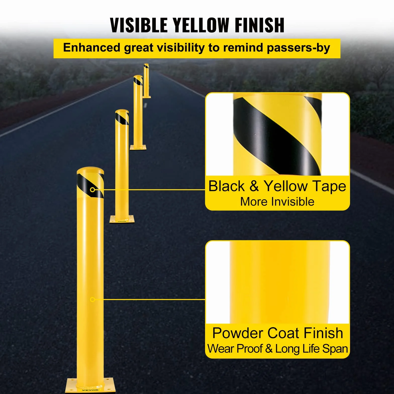 VEVOR Bolardo de Seguridad 107x14 cm 2 Piezas Bolardo de Seguridad de Tubo de Acero Recubrimiento de Polvo Amarillo Barrera de Seguridad con 8 Pernos de Anclaje para Aparcamiento, Peatones, Escuelas