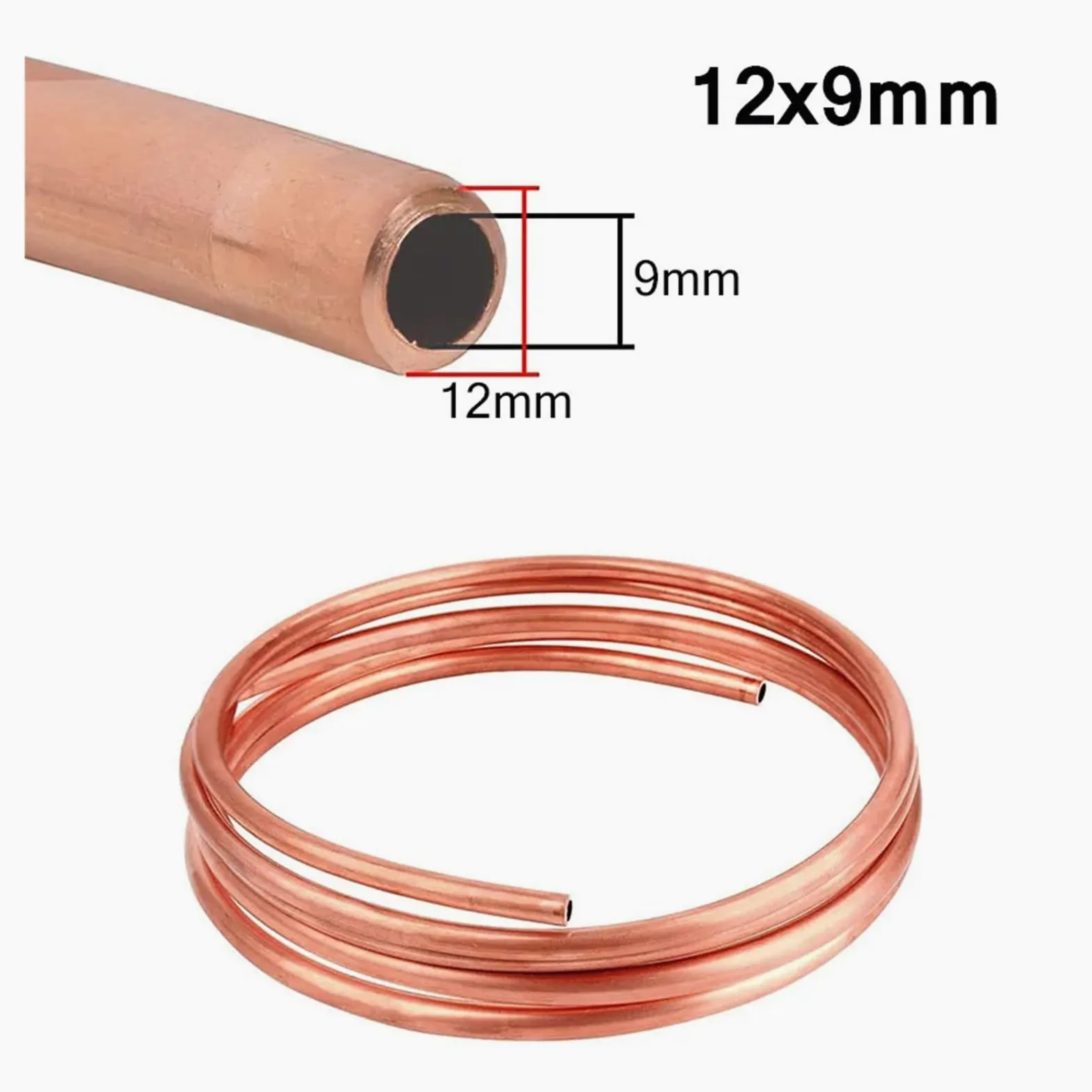Alambre de cobre, Tubo de cobre blando Tianwandong 1 m, tubo bobina, diámetro exterior 2 a 8 mm, interior a 6, tubería alambre puro for aire acondicionado y refrigeración(12x9mm)