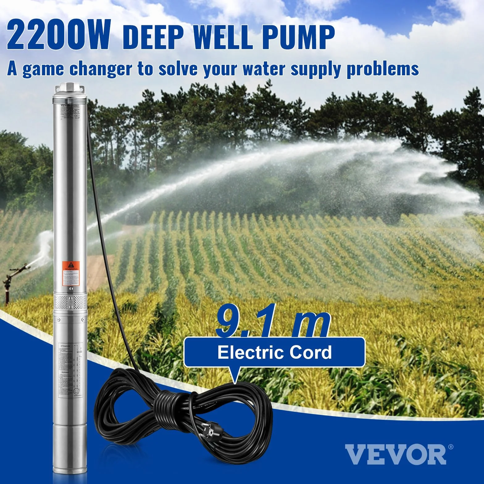 VEVOR Bomba Sumergible Acero Inoxidable Pozo Profundo IP68 2200W 230V 50Hz 9,8 m³/h 144 m