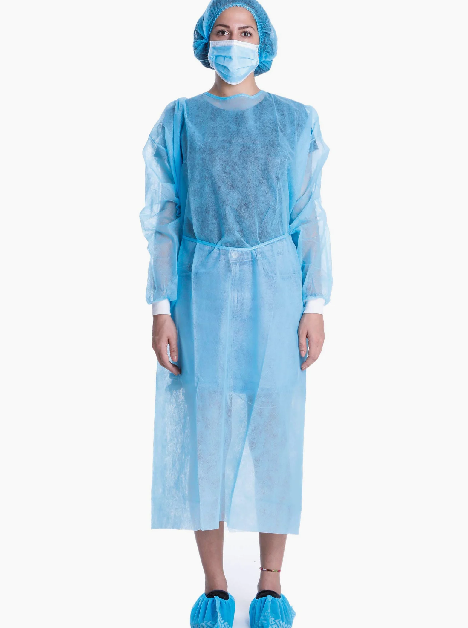 Bata de aislamiento desechable de polipropileno para laboratorio, manga larga, color azul, paquete de 10