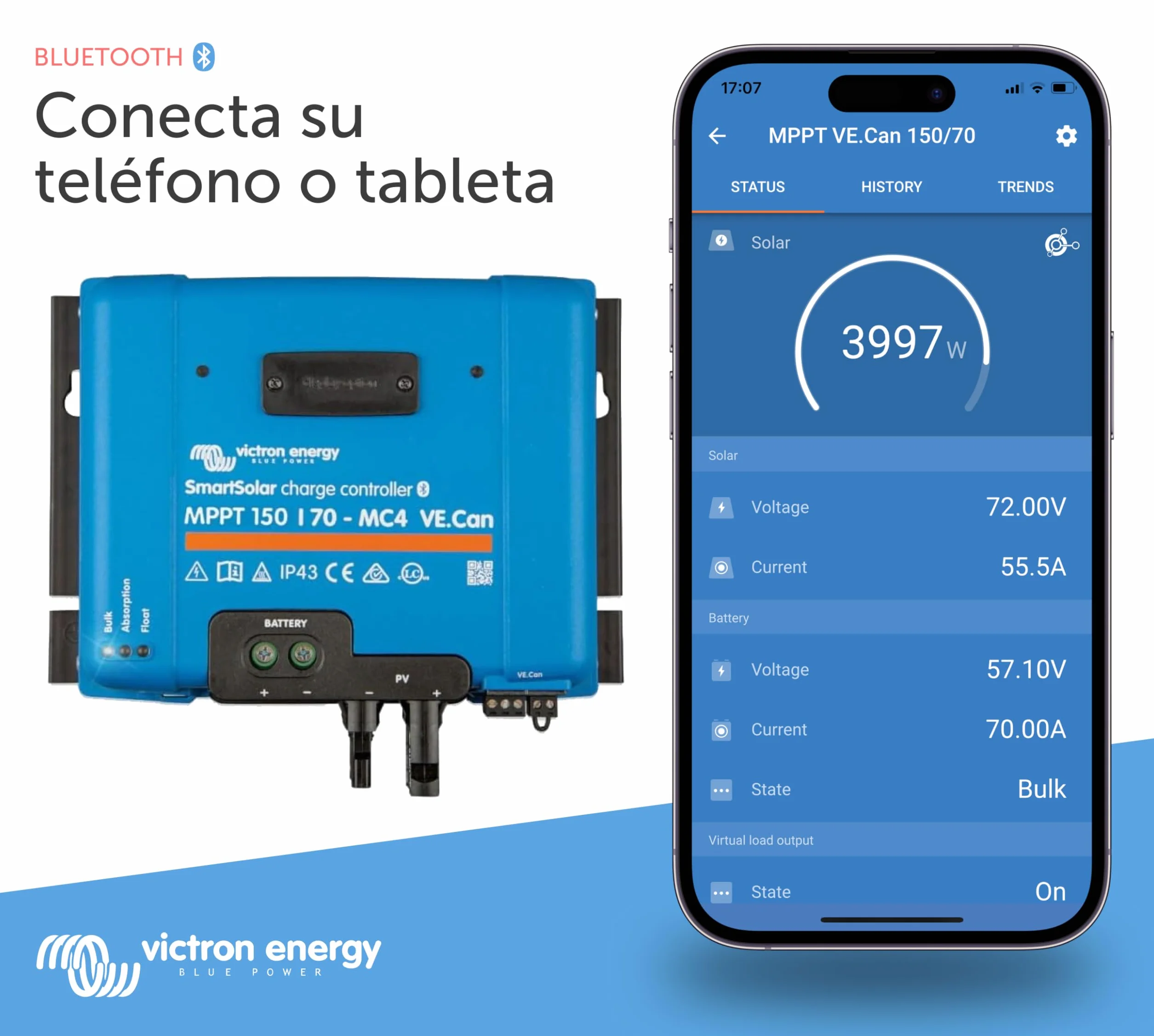Victron Energy SmartSolar MPPT MC4 VE.Can 150V 70 amperios 12/24/36/48-Voltios Controlador de Carga Solar (Bluetooth)