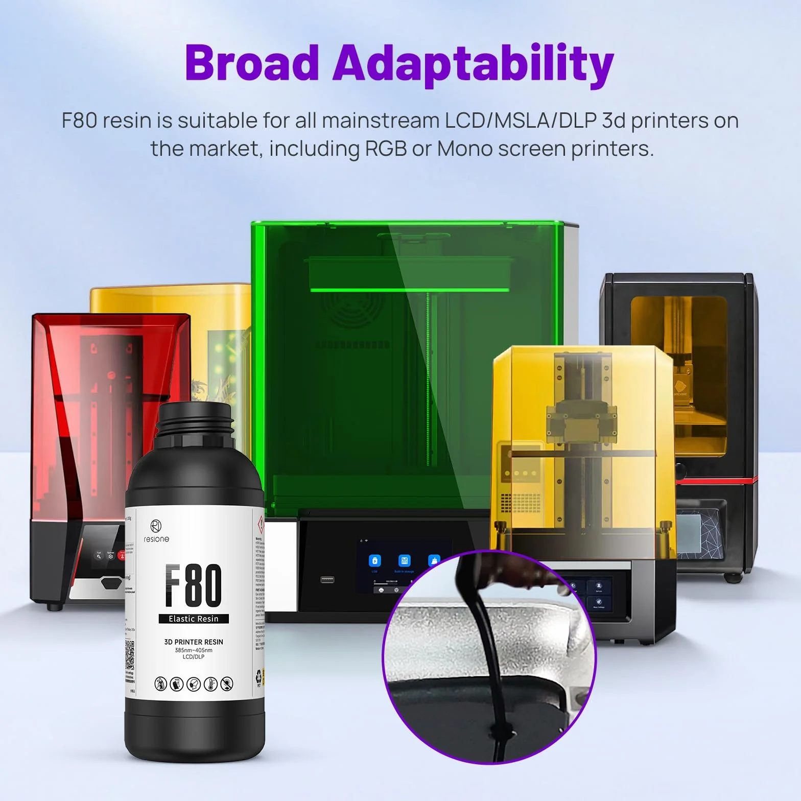 RESIONE Impresora 3D Resina F80, Resina Elástica UV 405nm con Alto Alargamiento en la Rotura, Alta Resiliencia, Resina de Fotopolímero para Impresión 3D LCD DLP MSLA, Negro, 1000g