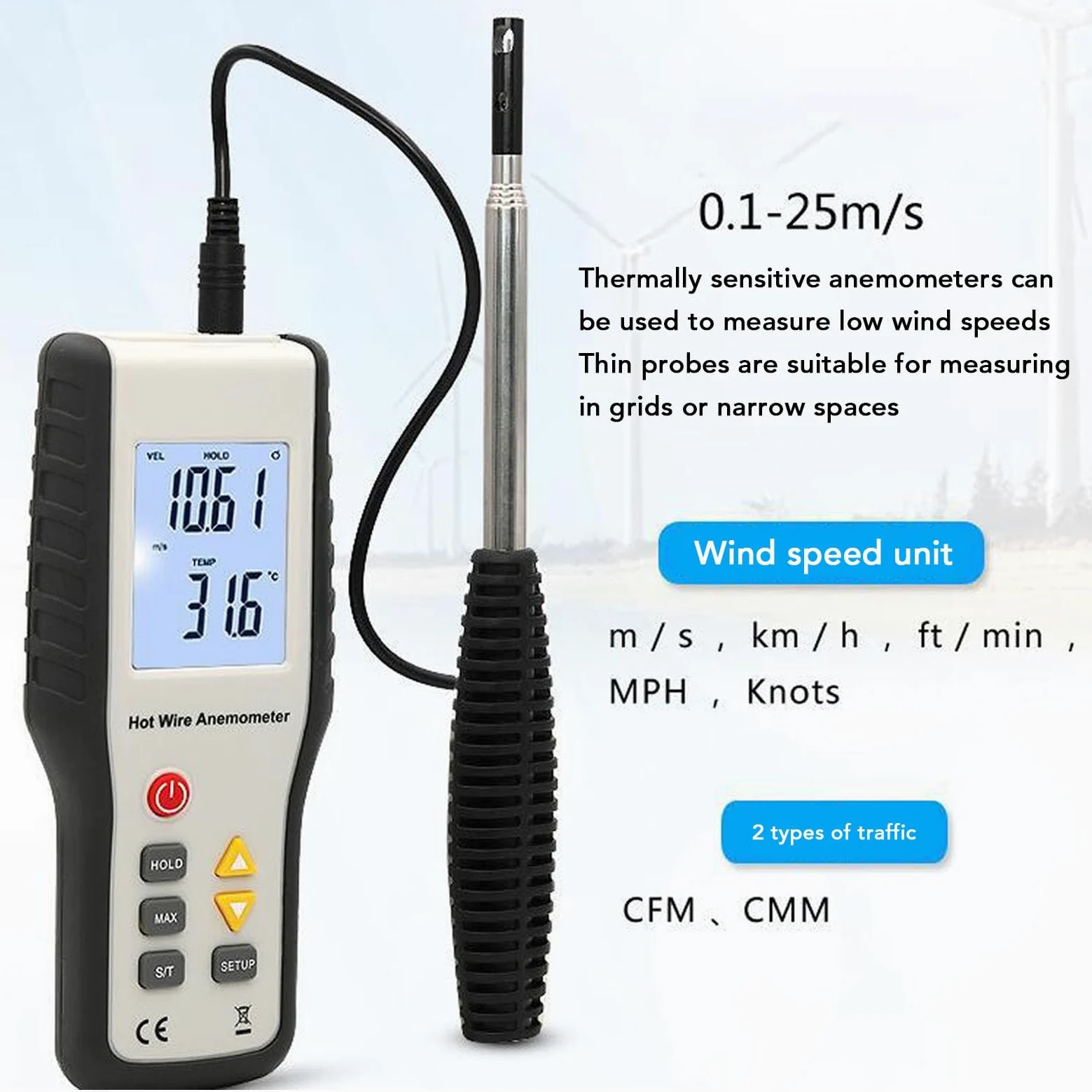AMONIDA Anemómetro Térmico de Alta Sensibilidad Medidor de Velocidad del Viento Portátil con Pantalla LCD para Actividades Al Aire Libre Diseño Ergonómico Liviano