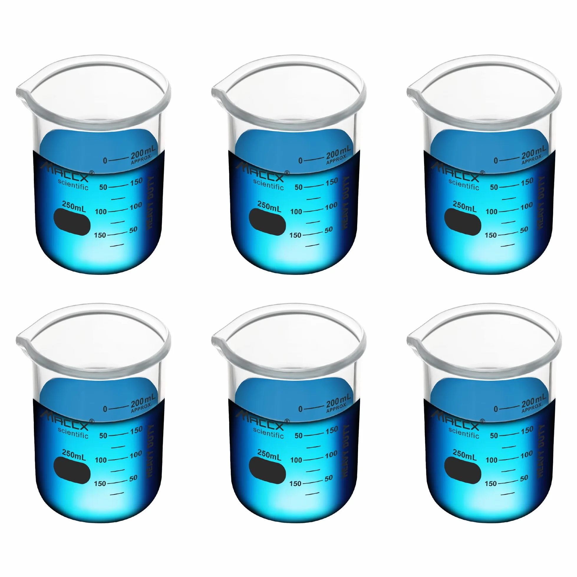 BKL250-006 - Vaso de vidrio resistente de 250 ml, forma baja de griffin de borosilicato con graduación impresa, paquete de 6