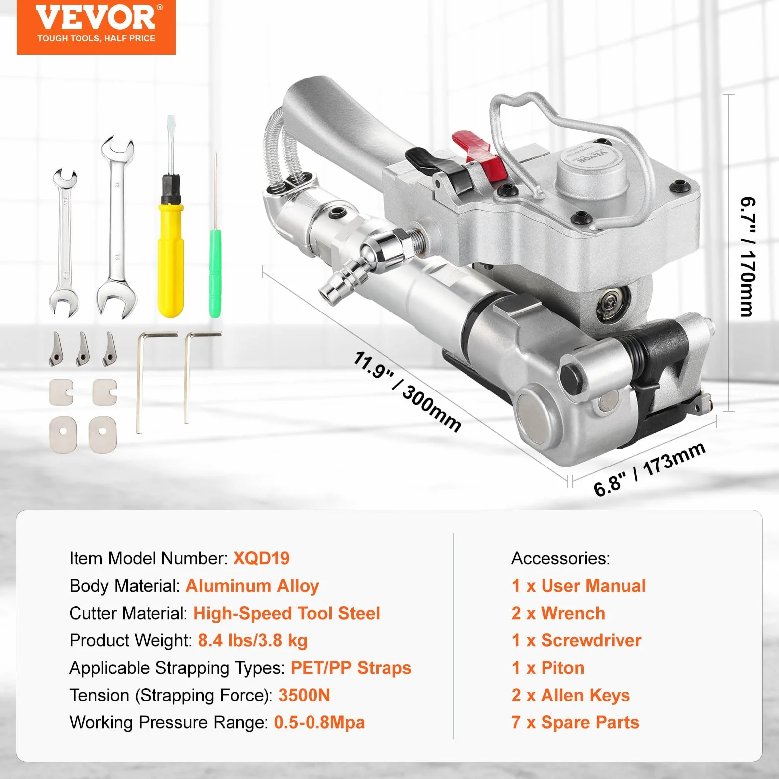 VEVOR Herramienta Flejadora Neumática para Tiras de Plástico PP y PET de 12,7 mm a 19 mm de Ancho Máquina Flejadora de Embalaje Automática con Tensión Máxima de 3500 N Kit de Flejado Manual