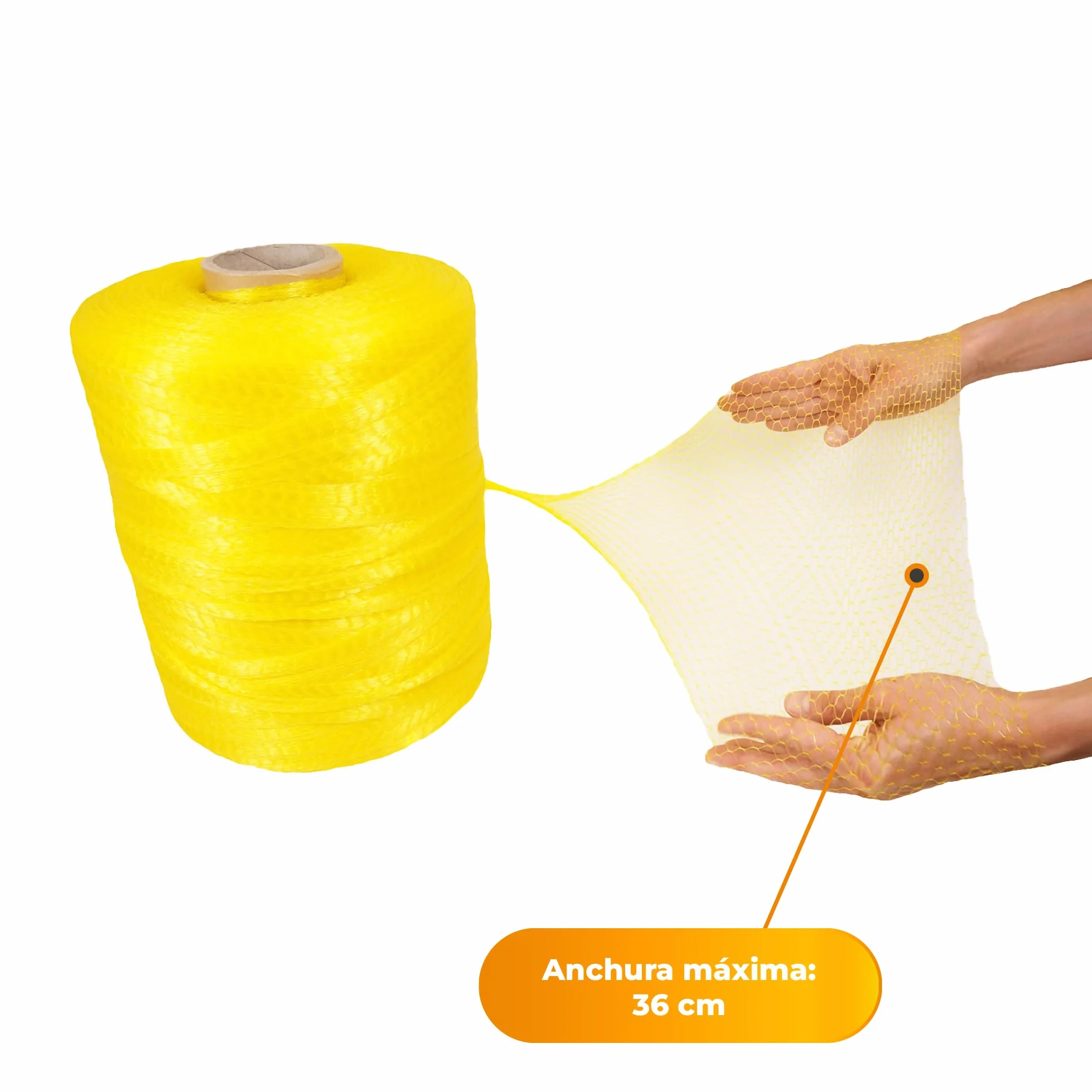 Bobina de 1.000 metros para envasar y hacer sacos de Naranjas, Limones y cualquier Fruto Seco u Hortaliza | Malla de polietileno flexible y resistente | Anchura máxima: 36cm | Color Amarillo
