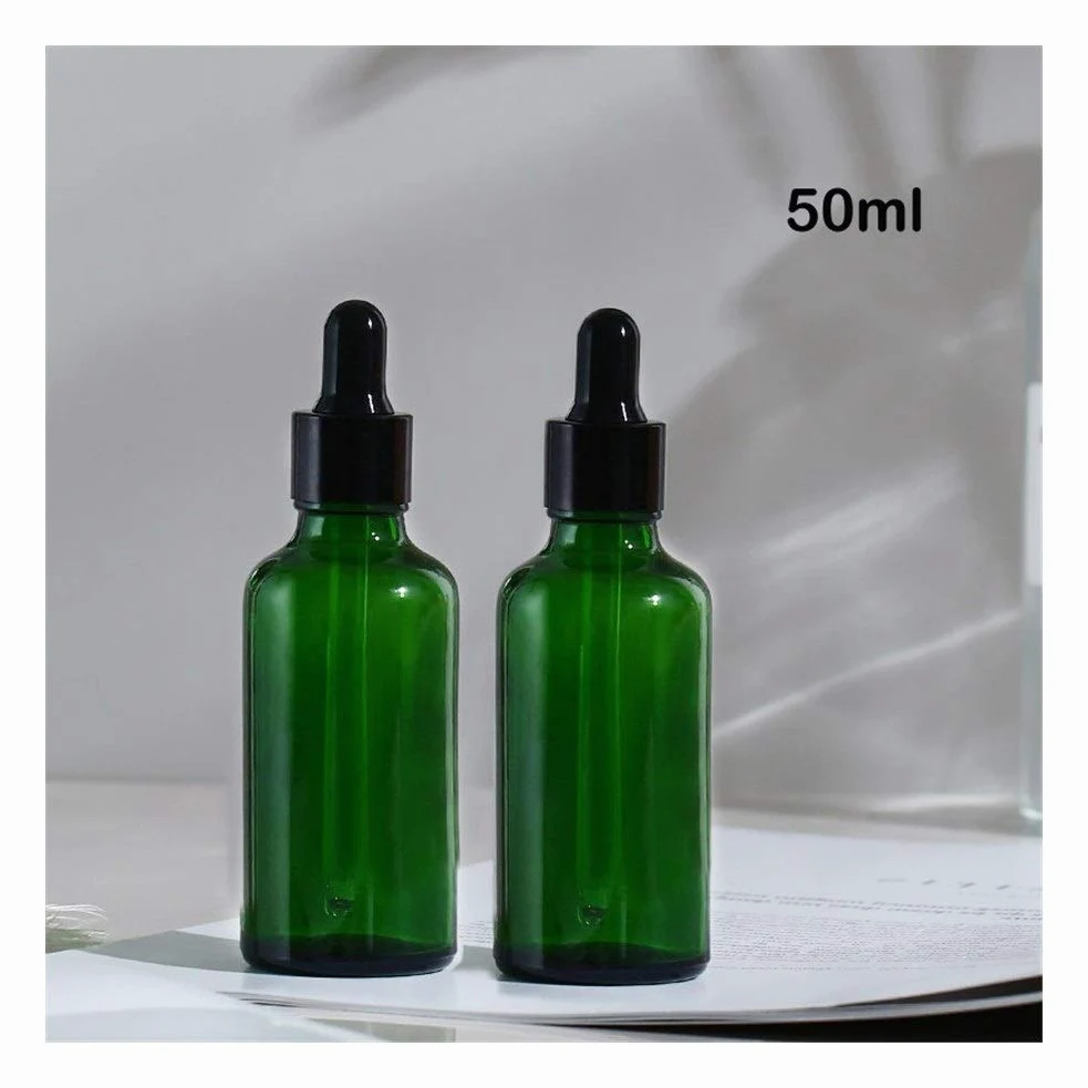 Casa de repuesto vacía MASCOTA Botellas 20pcs 5ml-100ml botellas vacías de vidrio ámbar cuentagotas esencial de aromaterapia verde gota del aceite de la botella de líquido reactivo Pipetear recargable