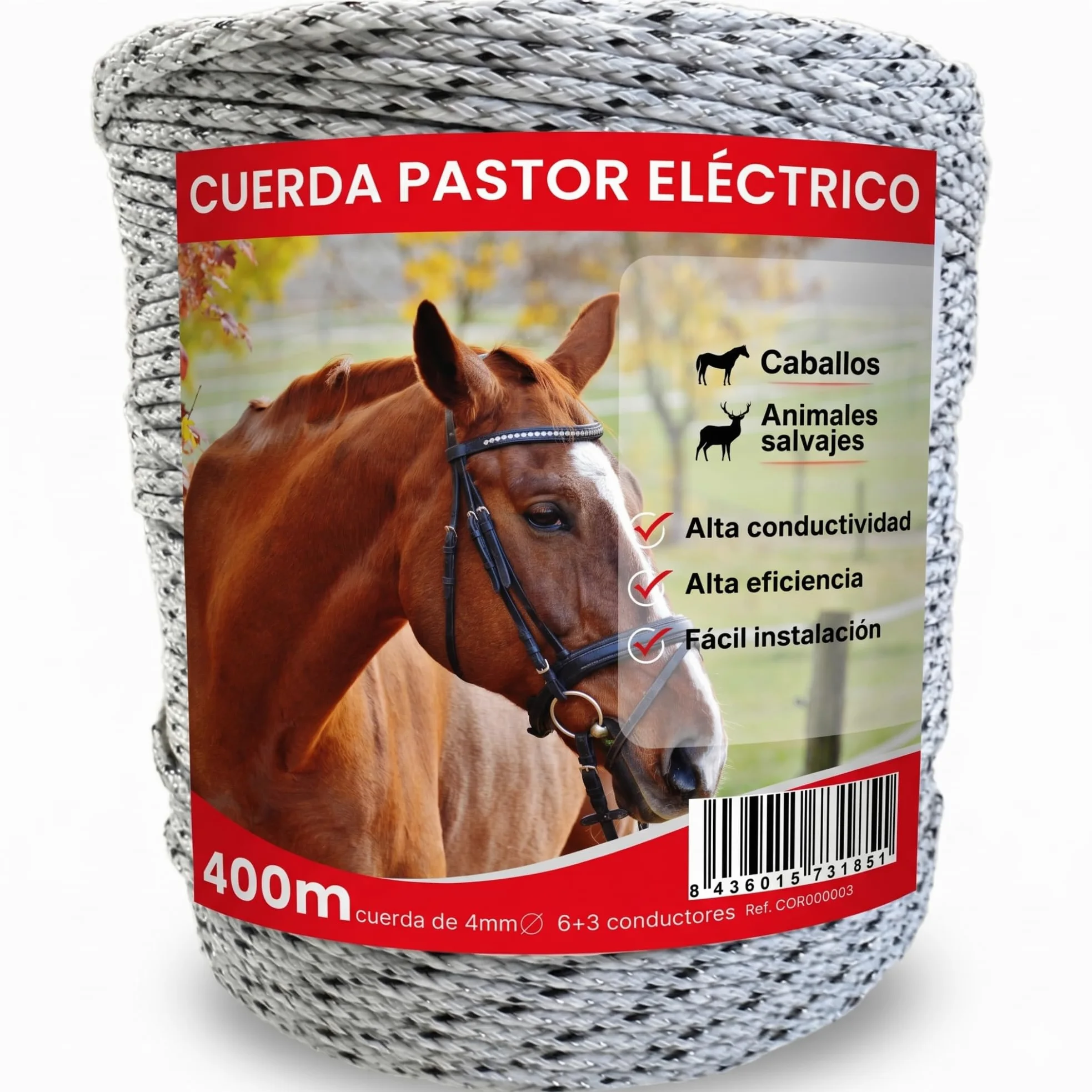 Llampec Cuerda Pastor Eléctrico, 400m x 4mm, 6+3 Conductores Acero Inoxidable y Cobre, Alta Conductividad, Resistente UV, para Cercas de Caballos, Vacas y Perros, Bobina Profesional