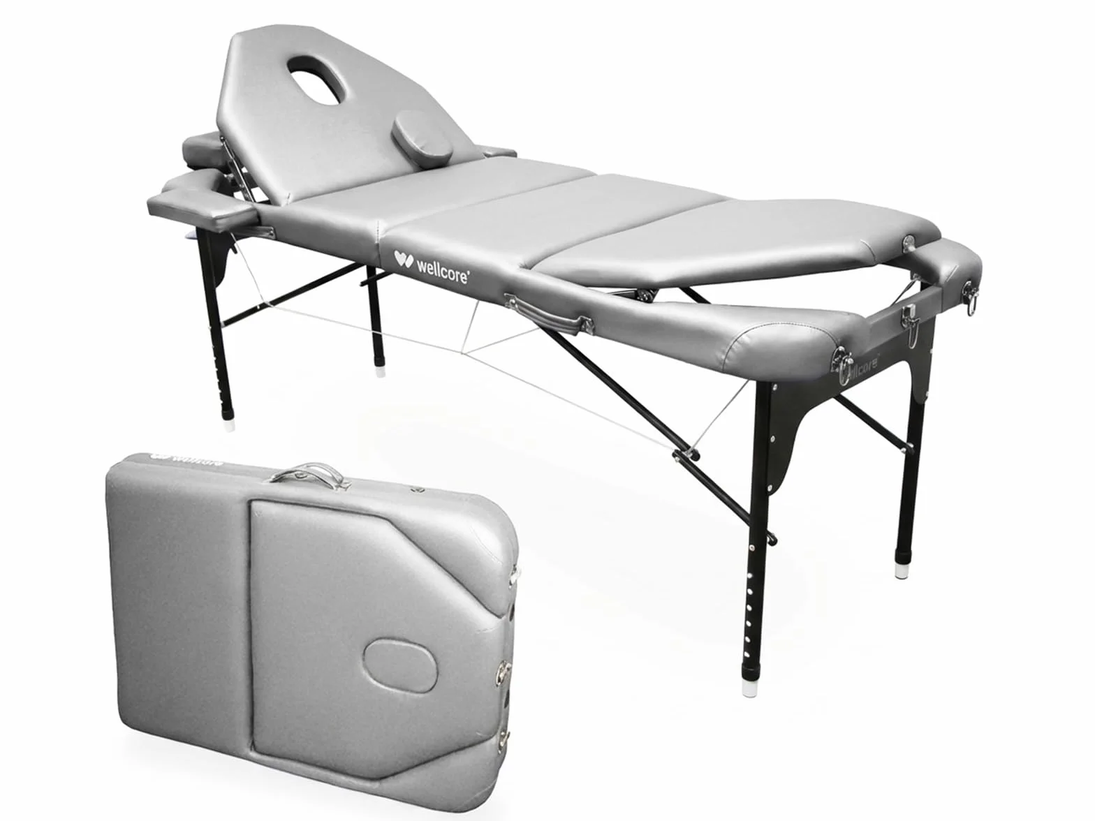 Camilla Plegable de Aluminio WELLCORE, con Doble respaldo abatible, 185 x 65 cm, Polipiel, Altura Regulable, Cabezal articulado, Agujero Facial, Color Plata, Mochila de transporte, Hasta 225 kg