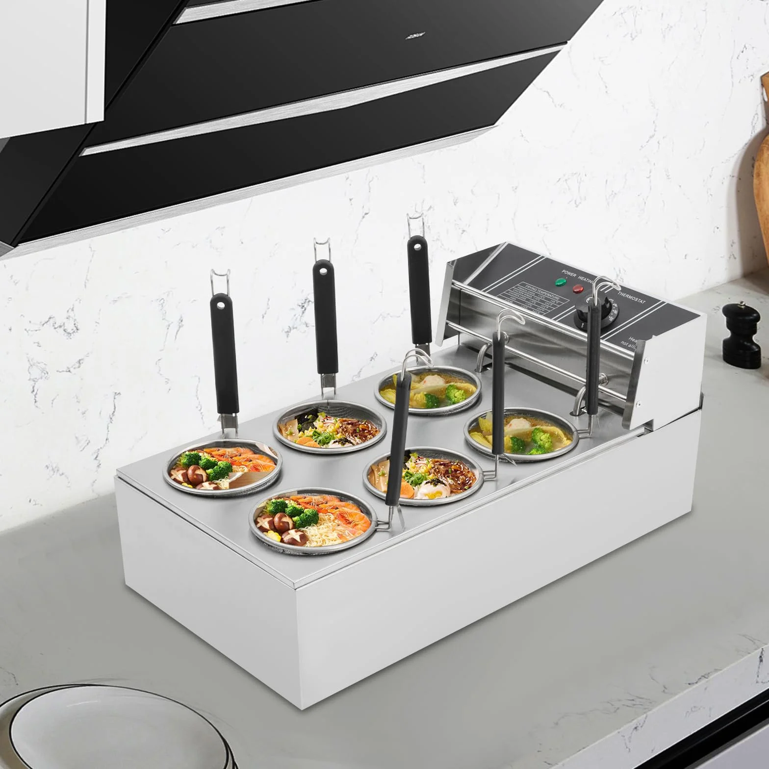 Hervidor de pasta eléctrico, 6 cestas, acero inoxidable, 2000 W, 20 L, calefacción rápida 60 – 200 °C, restaurante merienda, 6 ingredientes paralelos, 64 x 35 x 31 cm