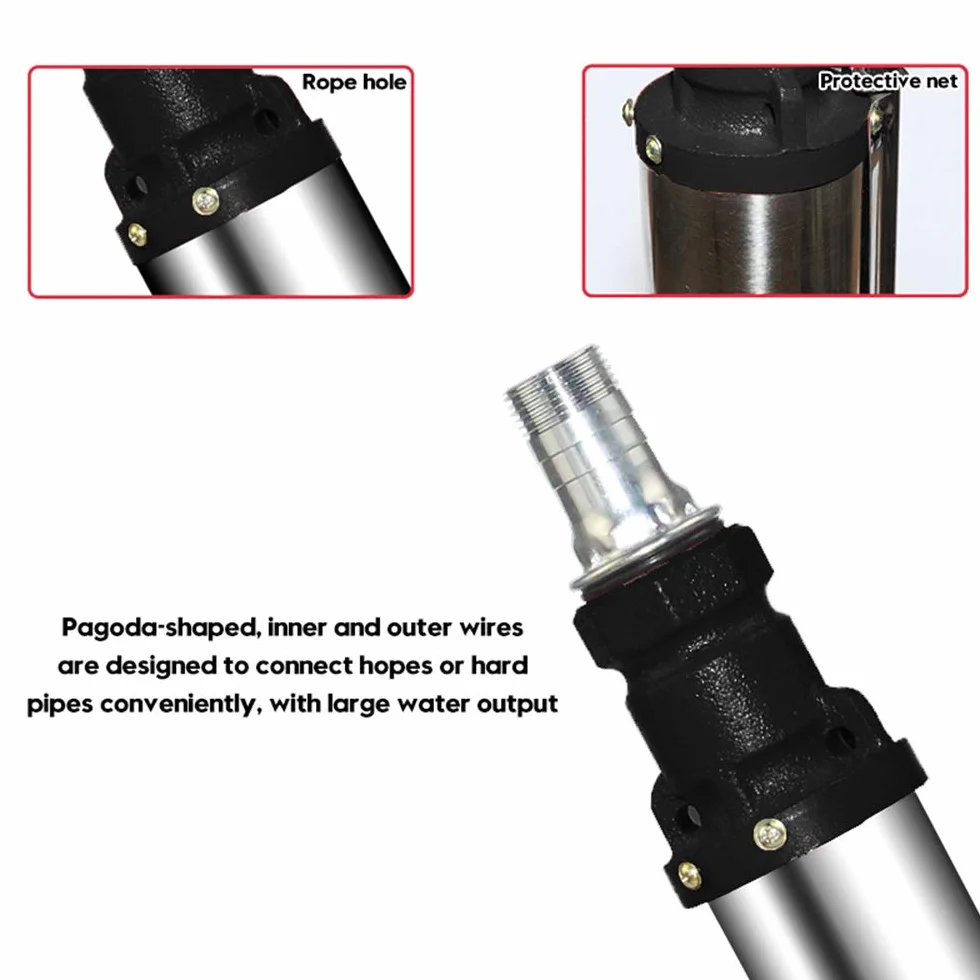 Bomba de Agua Solar 500W 48V/60V, Acero Inoxidable y Hierro Fundido, Submersible, 2m³/h, 50m, 25mm, 78mm x 495mm, Alta Presión, para Jardín e Irrigación Agrícola