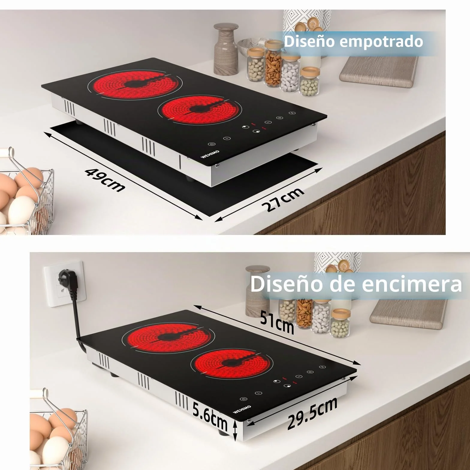 WEHIMO Placa Vitrocerámica 2 Zonas 3000W Control Táctil Seguridad Infantil Temporizador