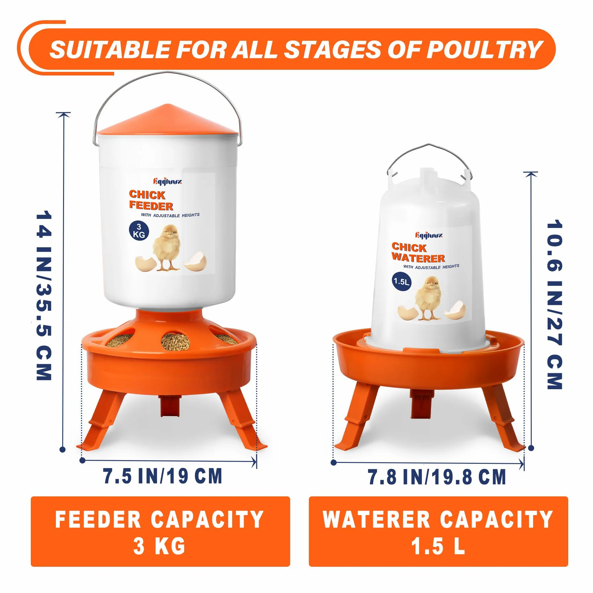 Eggluuz Kit de comedero y bebedero para pollitos, comedero para pollitos de 3 kg y bebedero para pollitos de 1,5 L con 3 alturas ajustables