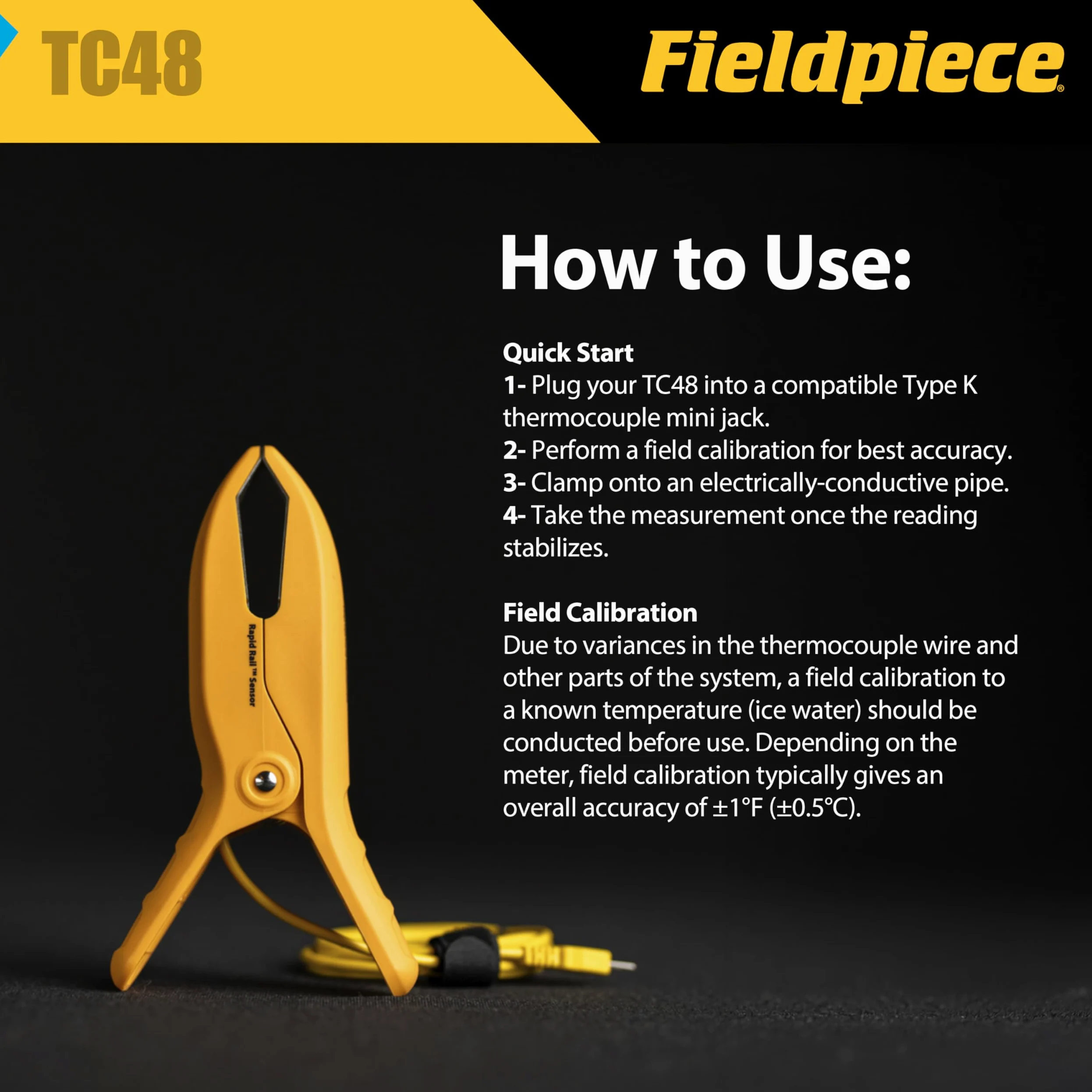 Fieldpiece TC48 Abrazadera de tubo grande tipo K termopar