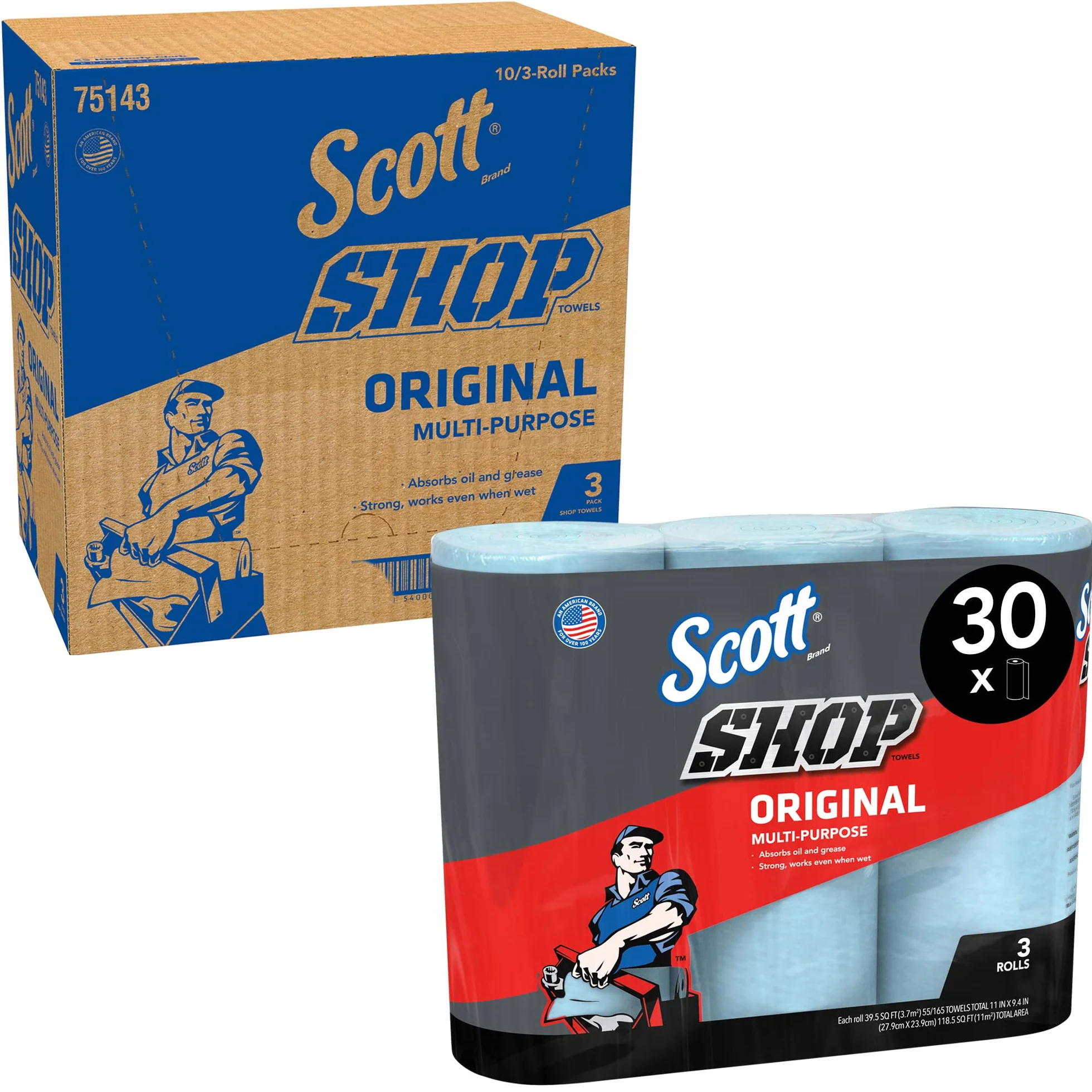 Paños Scott Shop Towels Original 75143 - Papel industrial azul de alta resistencia - 10 paquetes de 3 rollos azules x 55 toallas desechables (1650 toallas de papel en total)