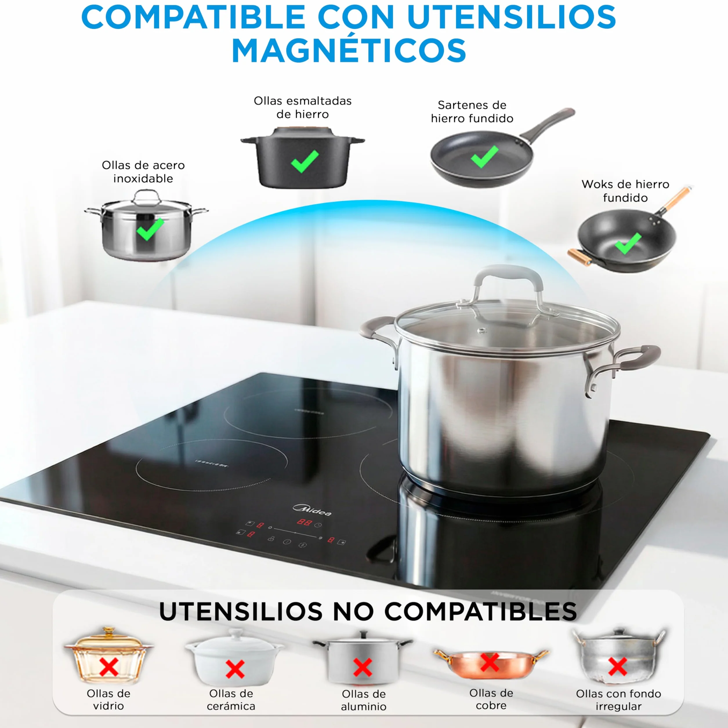 MIDEA Placa Inducción 3 Fuegos 60 cm 7400 W Vitrocerámica Integrada Panel Táctil Inverter Quattro Booster Temporizador