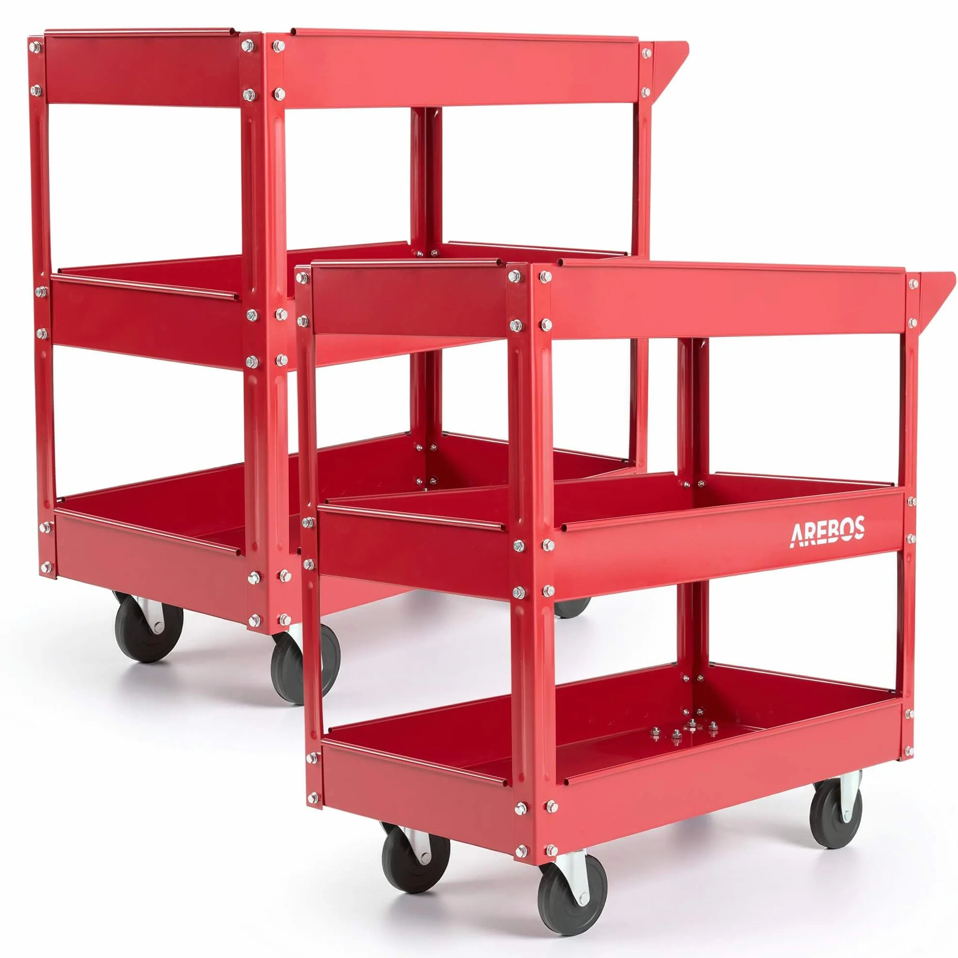 Arebos Juego de 2 Carros de Taller con 3 Estantes | Estructura de Acero Robusta | Capacidad hasta 120 kg | Carro Móvil para Taller, Garaje y Bricolaje