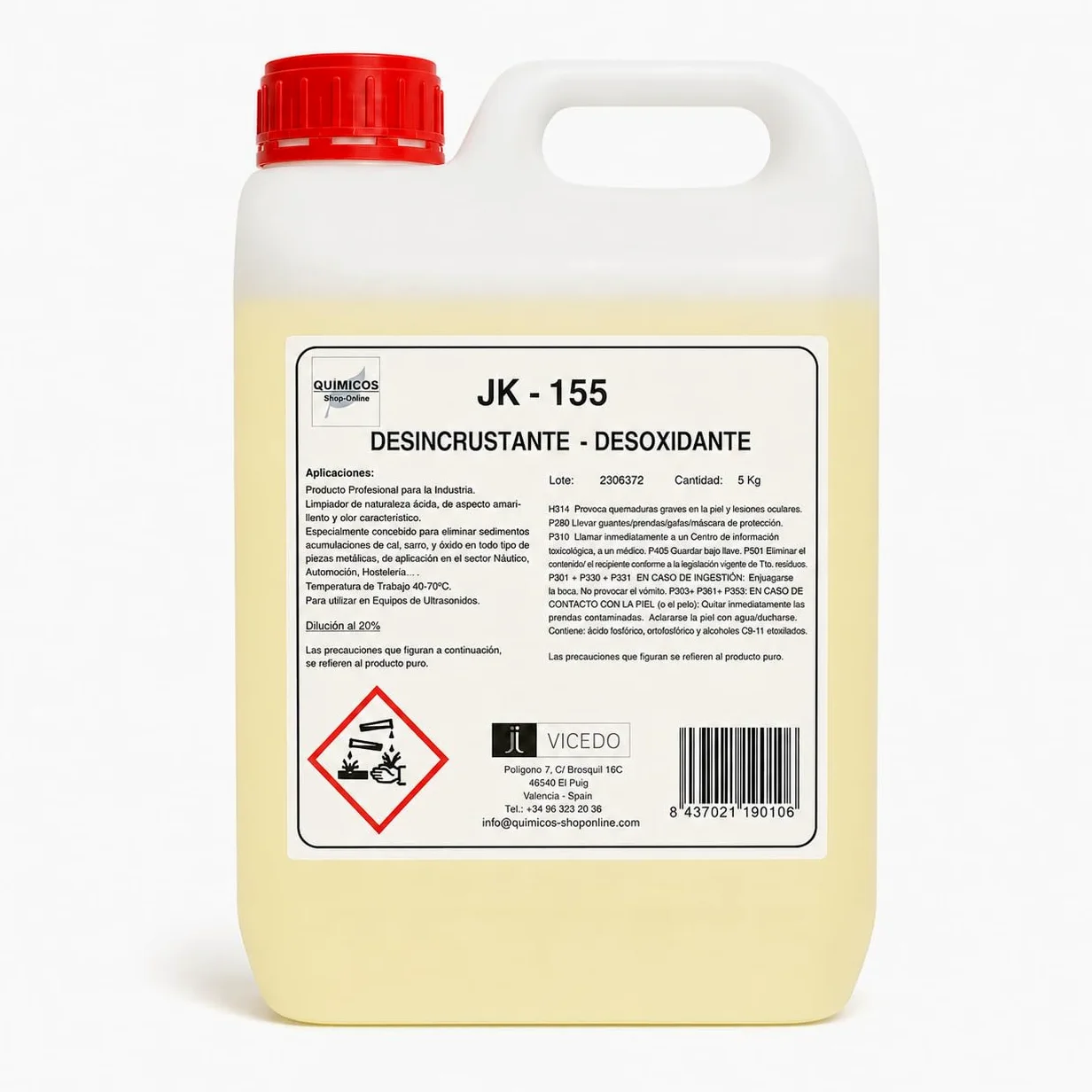 JK-155 Desoxidante Desincrustante Concentrado 5 kg para Ultrasonidos, Inmersión y Limpieza Técnica, Elimina Cal, Óxido y Depósitos Calcáreos en Superficies Metálicas