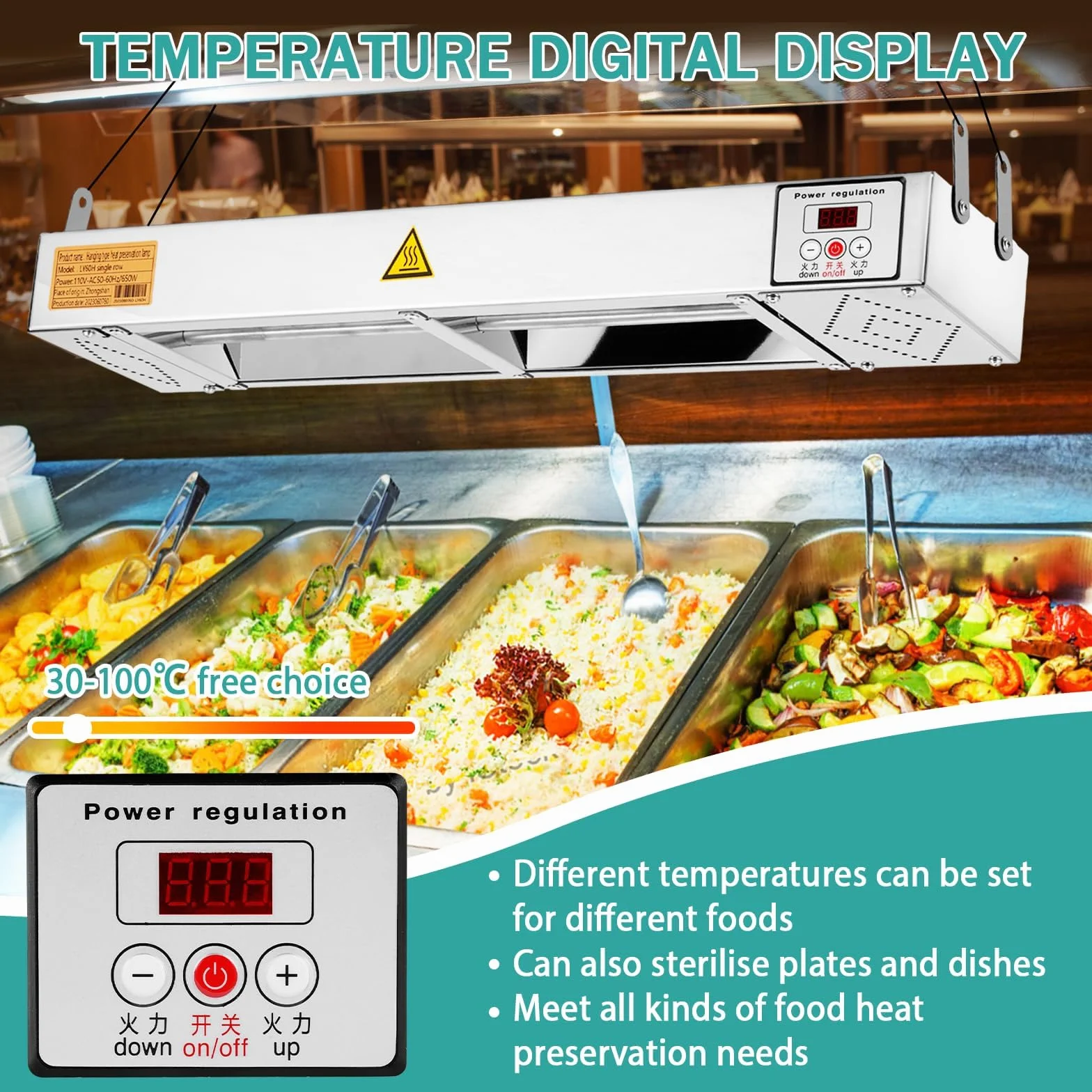 Lámpara calefactora para alimentos 650 W con temperatura ajustable 30-100 ℃ y pantalla digital