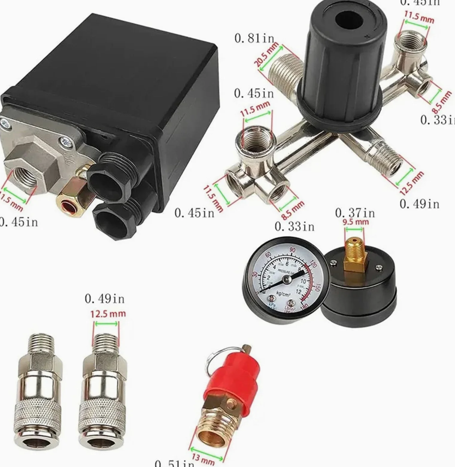 Bomba de compresor Aire 220V/380V 90-120 PSI con Interruptor presión, válvula Control, regulador Alivio del colector manómetro(220v)