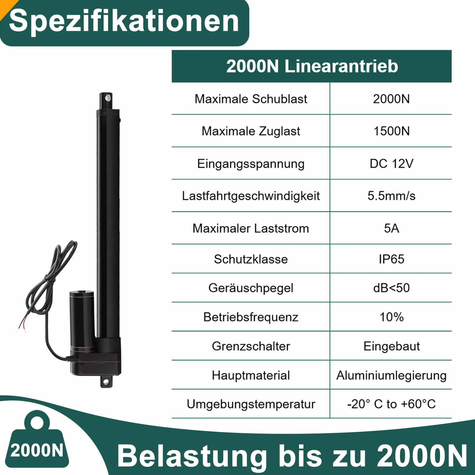 Actuador lineal de 12 V, 2000 N, 550 mm, longitud de carrera IP65, resistente al agua, 8 mm/s, actuador lineal, motor lineal con soportes de montaje, para abridor de puertas, rastreador solar