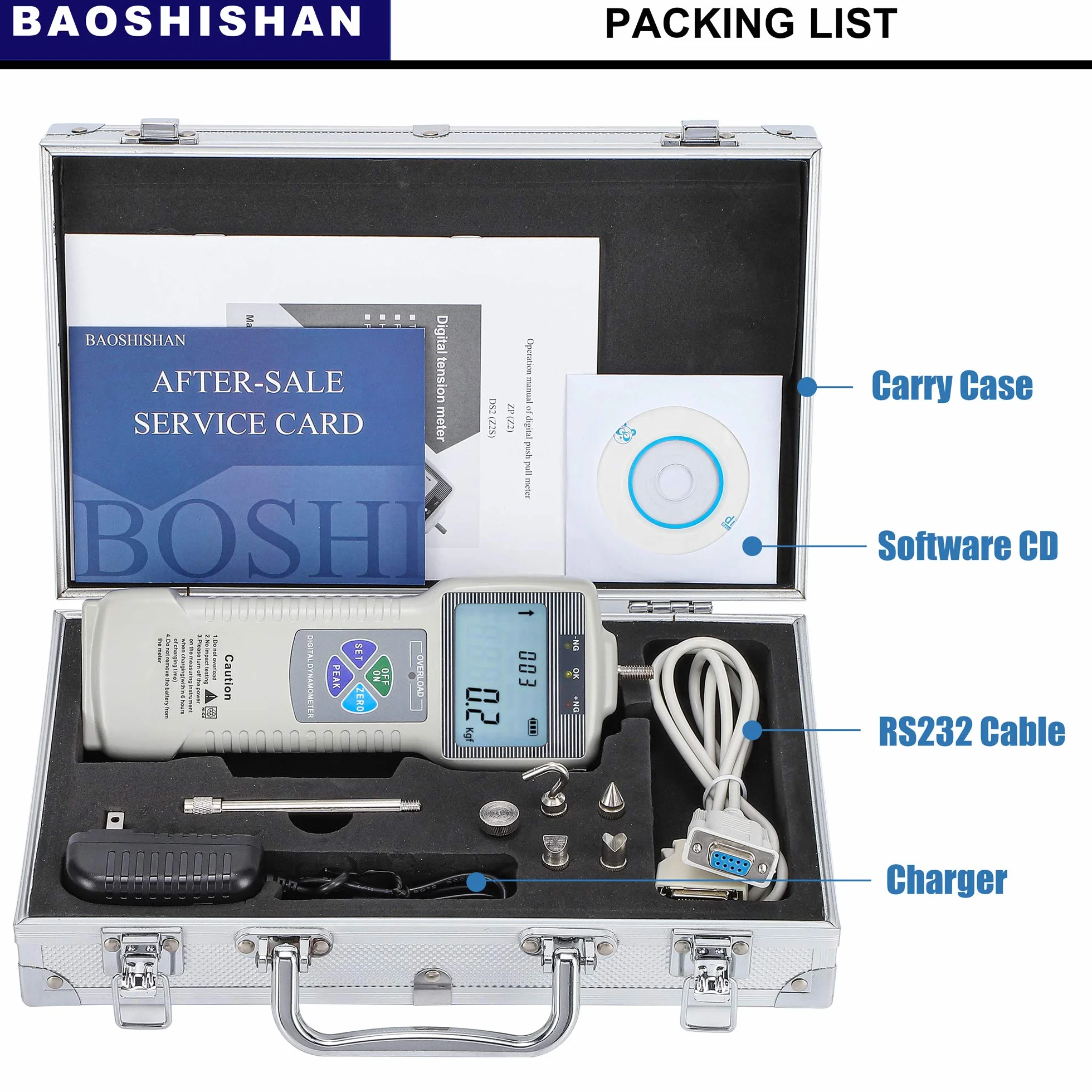 BAOSHISHAN Medidor de Fuerza Digital Indicador de Fuerza 50N/11Lbf (Kgf/Lbf/N) Dinamómetro Embuje y Tracción Interfaz USB RS232 para Fuerza de Laboratorio Prueba Destructiva