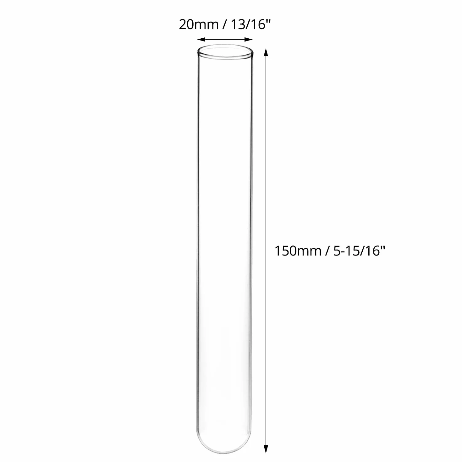 Tubo de Prueba de Vidrio de Borosilicato, 20mm x 150mm, Fondo Redondo, 20 Unidades
