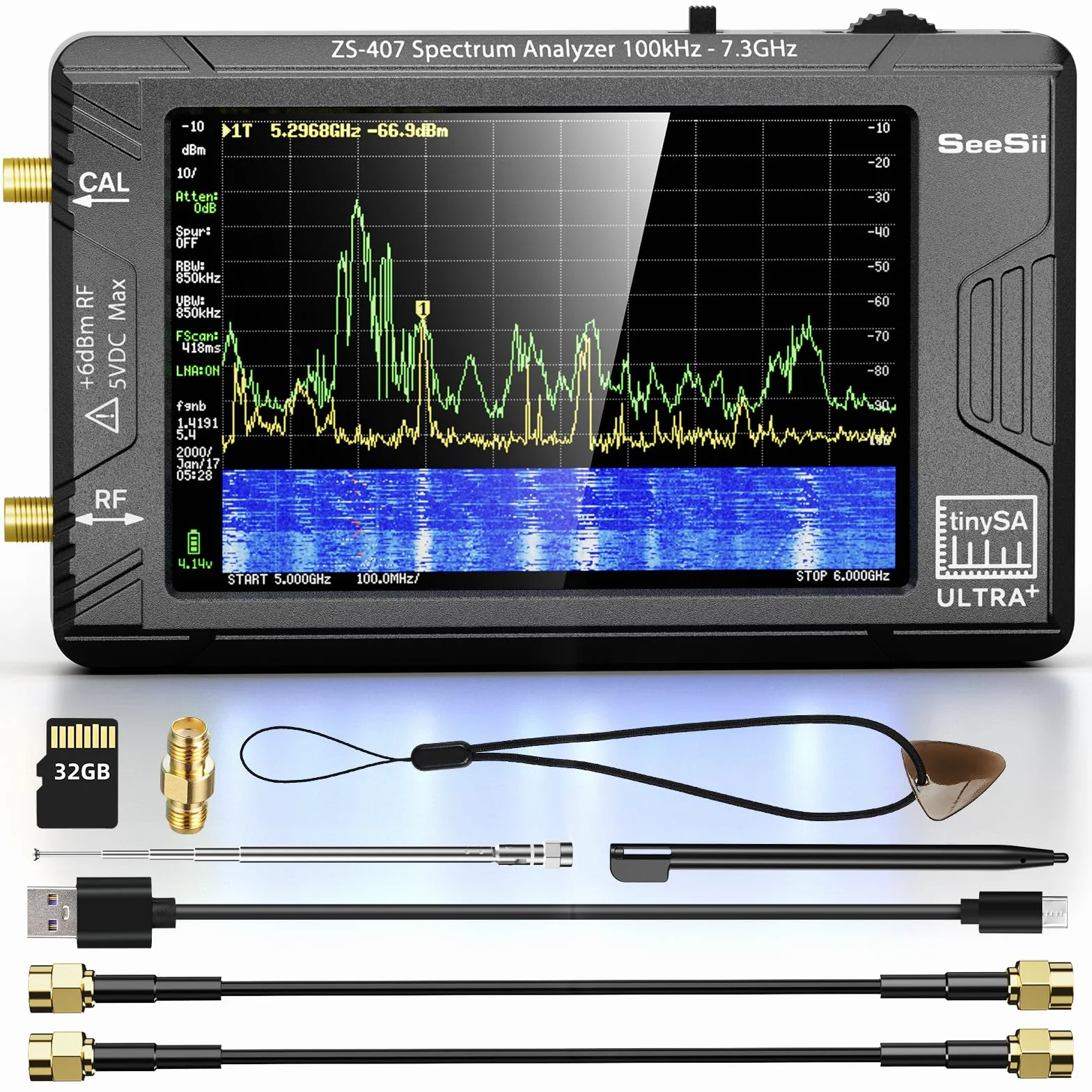 SeeSii TinySA Ultra+ ZS407 Analizador de Espectro 7,3 GHz: Versión 2025, Pantalla 4", HW V0.5.4, Portátil, Generador RF 2 en 1 100 kHz–900 MHz, Entrada MF/HF/VHF/UHF