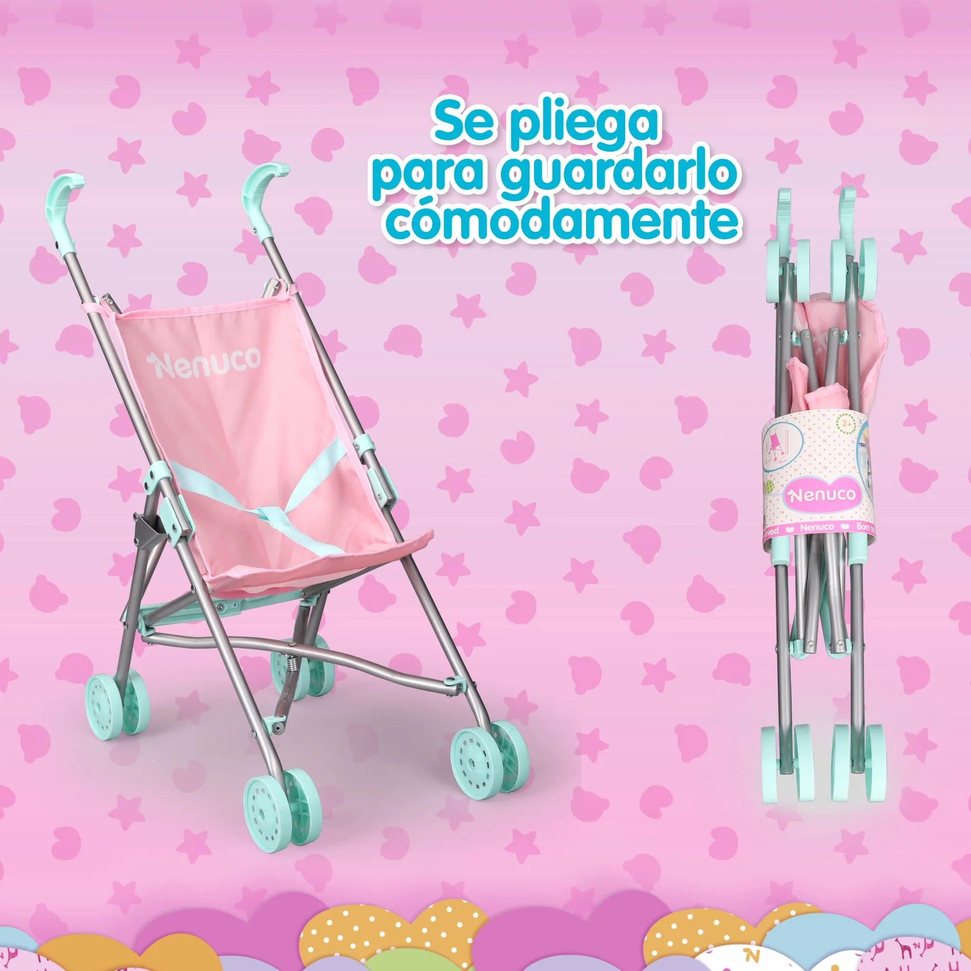Nenuco Sillita de Metal Carrito de Paseo Juguete Rosa Azul Metálica Plegable 3 años