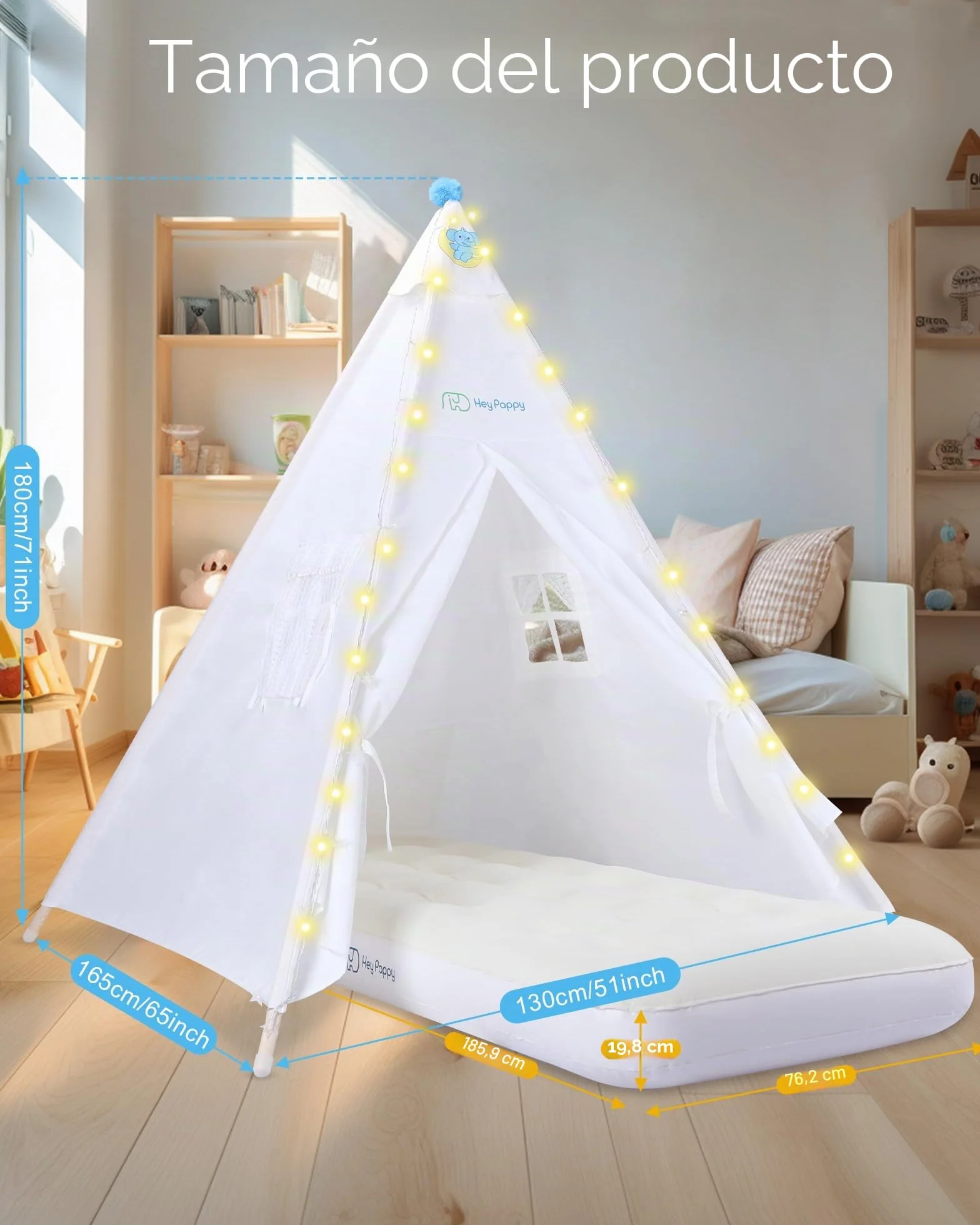 Tipi Infantil Tienda Campaña con Colchón Inflable Luces Globos Bomba Lavable Fiesta Pijamas Interior Exterior Niños Niñas Casa Juego Dormir