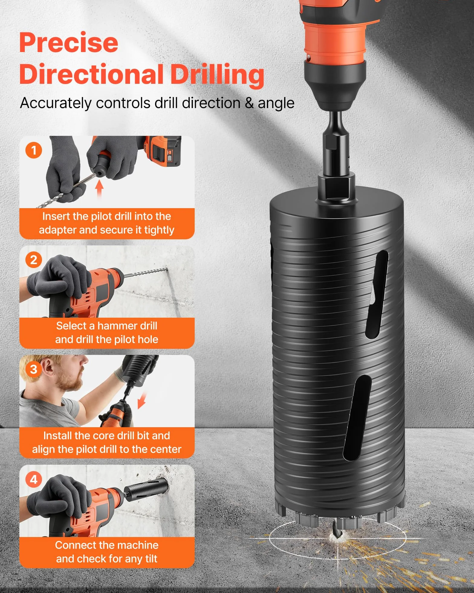 VEVOR Broca de Corona para Perforación en Seco, 102 mm Diámetro, 241 mm Profundidad, Rosca Interna M16, con 3 Adaptadores, Broca Piloto, Llave Hexagonal a Hormigón Armado, Ladrillo y Mampostería
