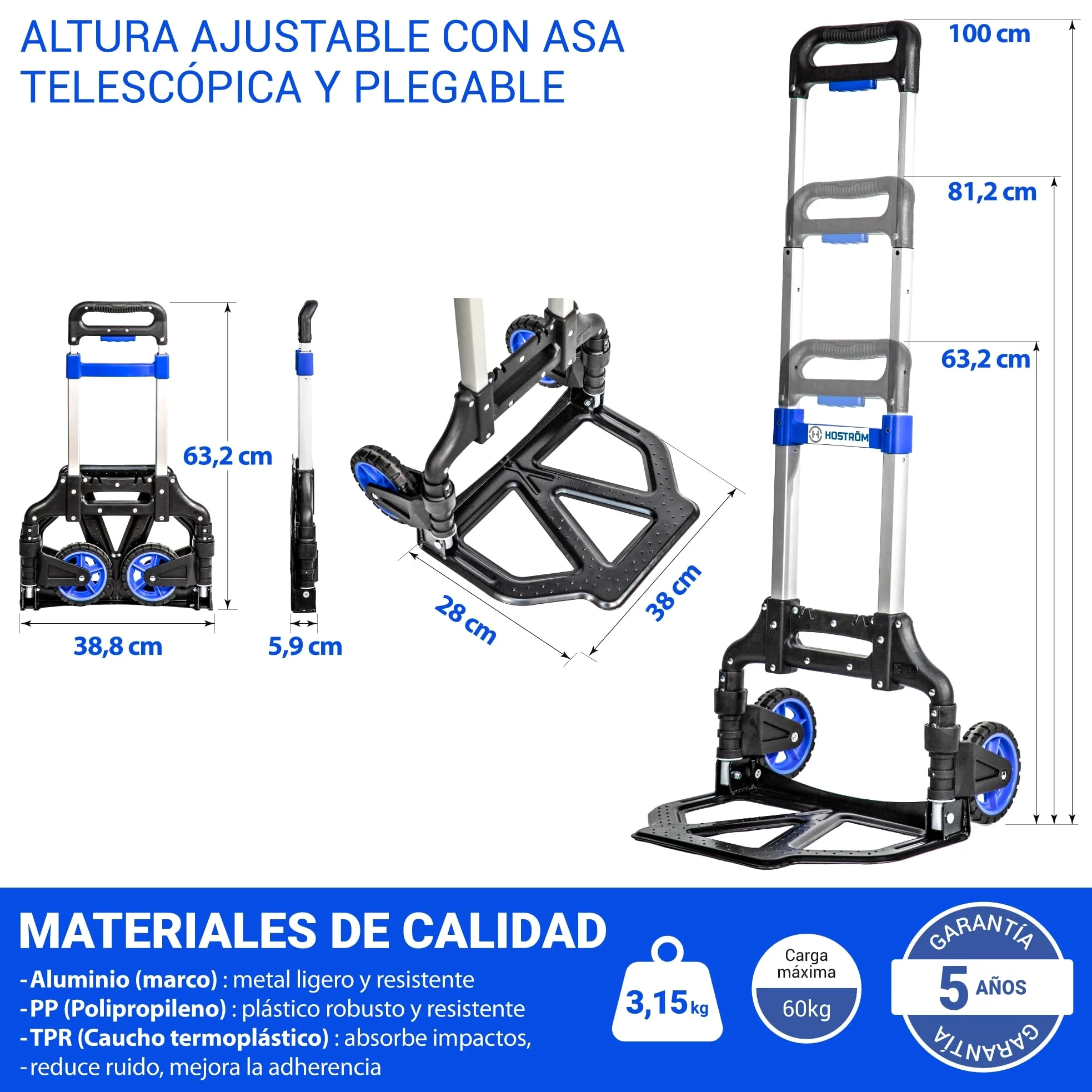 HOSTRÖM Carretilla Plegable de Aluminio de 2 Ruedas para Mover y Transportar Materiales. Compacta y Ligera. Carga máxima: 60 kg. 5 años de garantía.