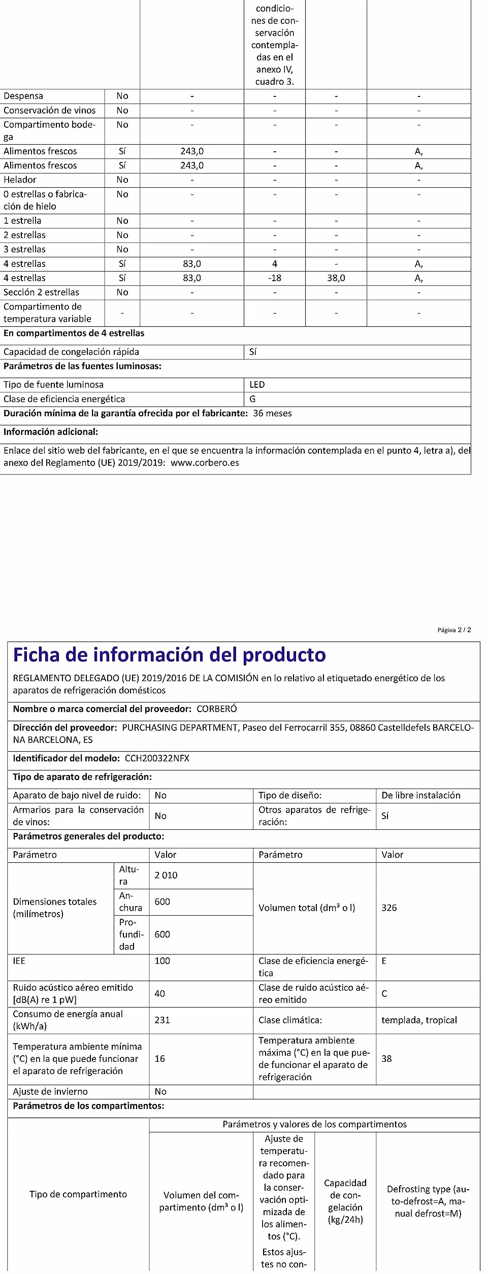 Corbero Frigorífico Combi No Frost 326L 201cm Luz LED Fresh Box Cajón Crisper Estantes Cristal Ajustables Inox